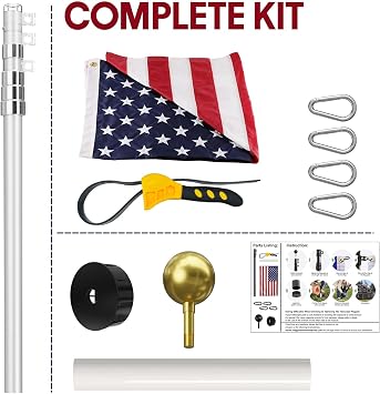 30FT Telescoping Flag Pole for Outside House, Extra Thick Telescopic Flagpole with USA Flag, Inground Outdoor Use, Camper RV, Residential & Commercial, Complete Hardware & Top Ball (Silver)