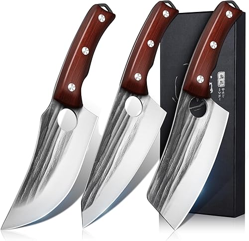 Juego de cuchillos de cocina, juego de cuchillos de chef forjados a mano con mango de madera de espiga completa, juego de cuchillos de carnicero de