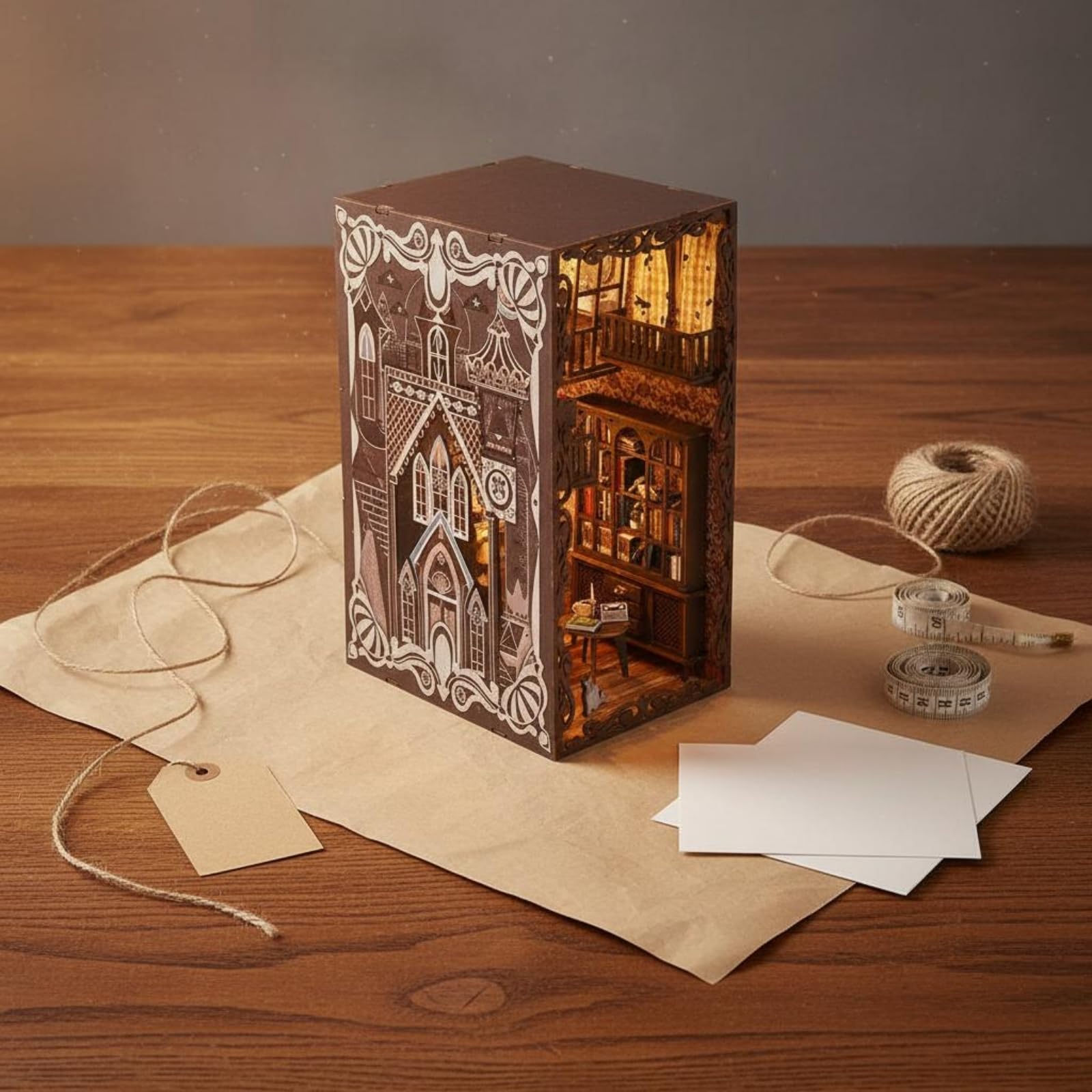 LeeQinersw Miniatur Bausatz Buchstützen Szene Modell Modell DIY Kit Holz Stoff Batteriefach Schalter Warmes Ambiente für Geschenk Hobbyraum Leser