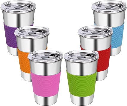 Water Tumbler with Lids, 6 Pack Stainless Steel Spill Proof Reusable Stacking 16oz Drinking Cups with Lids for Kids and Adults