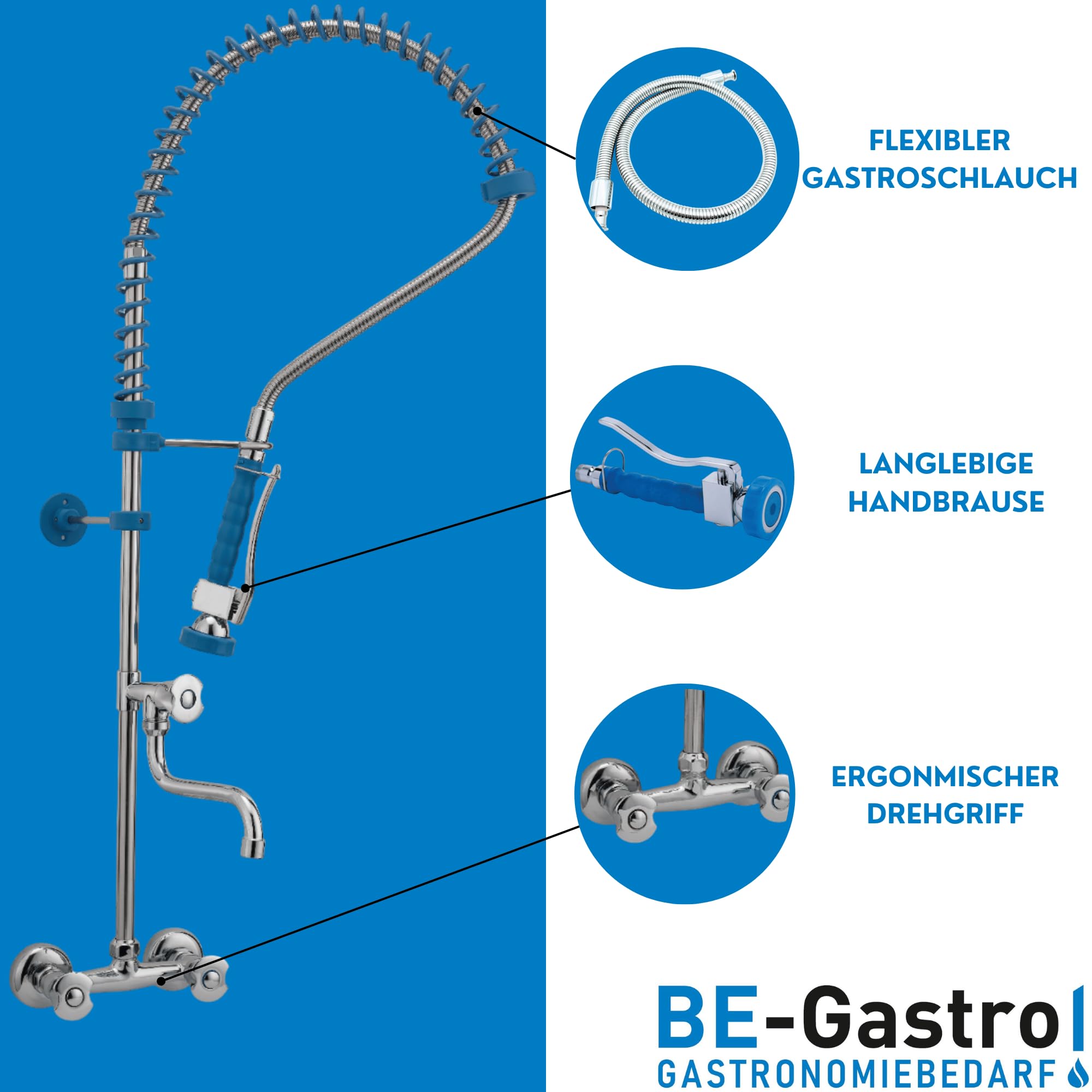 BE-GASTRO® | Profi Geschirrbrause Gastro Wasserhahn Spülbrause Drehgriff | Gastroarmatur, Vorspülarmatur, Küchenarmatur, Gastro Mischbatterie, 1/2 Zoll, Spültischarmatur, Wandanschluss, Brausearmatur