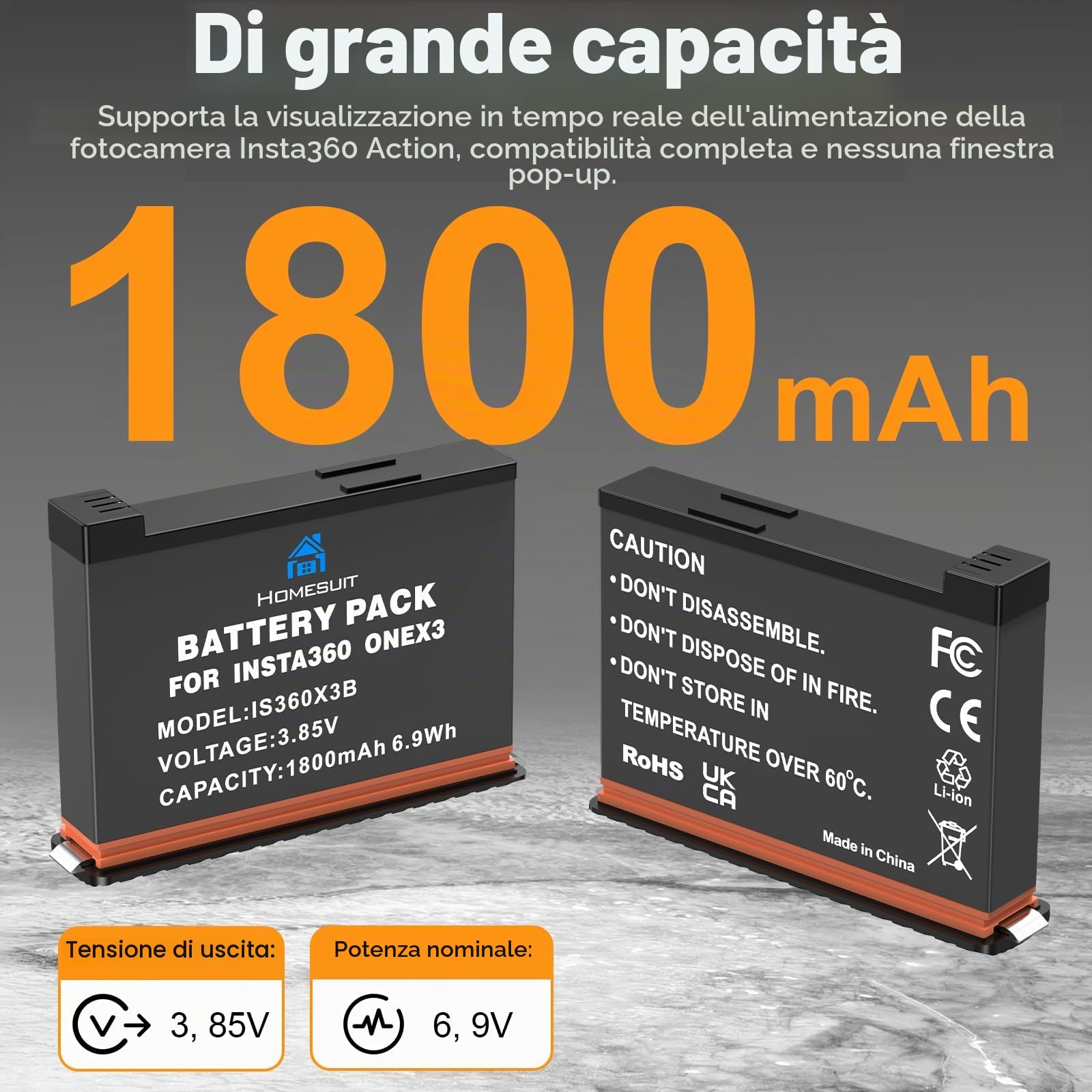 Homesuit Insta 360 X3 Batteria 1800mAh e Kit di Carica USB con LED e Slot per Schede di Memoria Compatibile con Fotocamera Insta360 X3 Fino a 80 Minuti di Tempo di Registrazione in Più (Confezione da