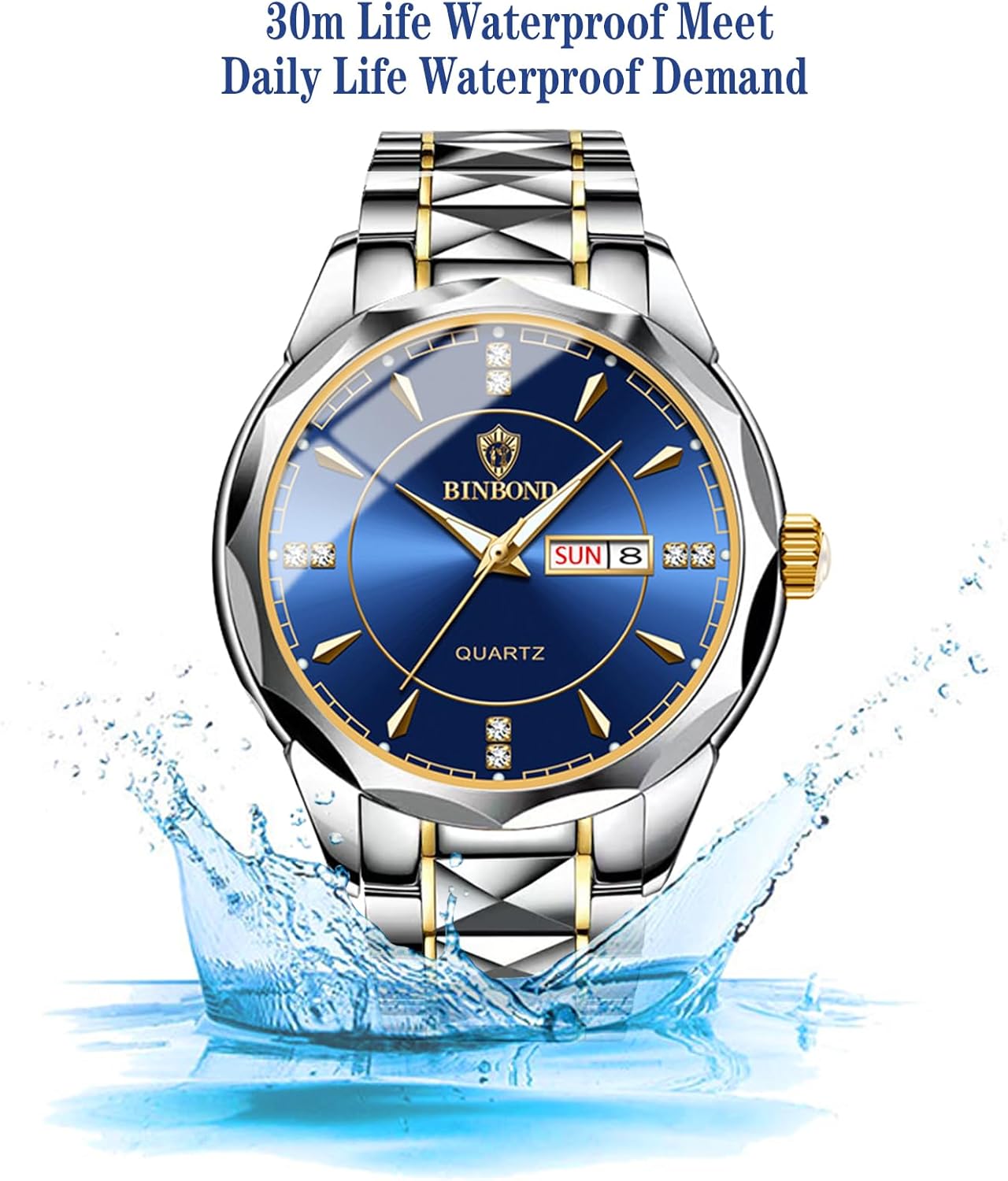 2PCS Valentines Couple Pair Watches Men and Women Luminous Calendar Waterproof Gold Silver Stainless Steel Blue Face his and Hers Watches Set Lovers Set Wedding - Image 4