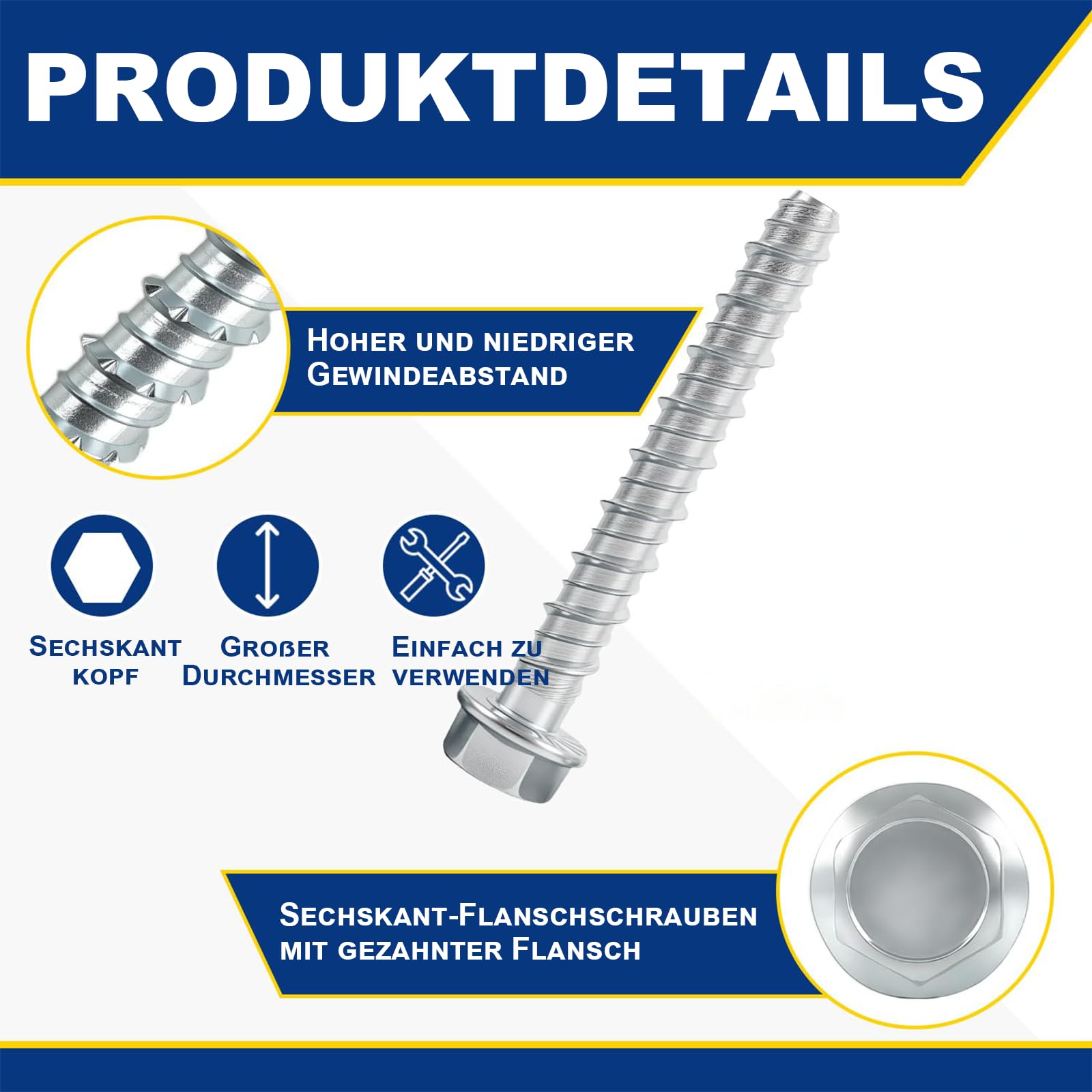 ORTAVA Viti per calcestruzzo testa esagonale M8 x 80, 20 pezzi vite per cemento zincato con disco per muratura, cemento, architettura, industria.