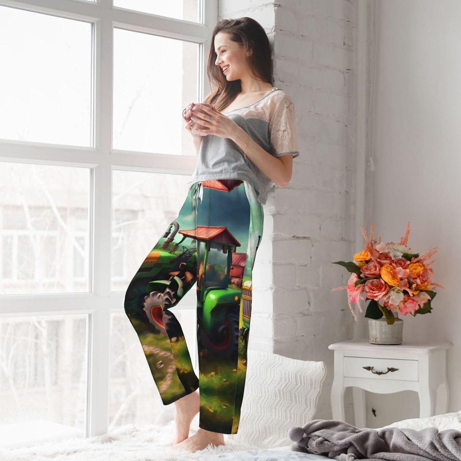 Fantasy Farm Tractor Print Cozy Flannel Pajama Pants For Women,Warm Christmas Pj Pants,Cute Fleece Pajamas