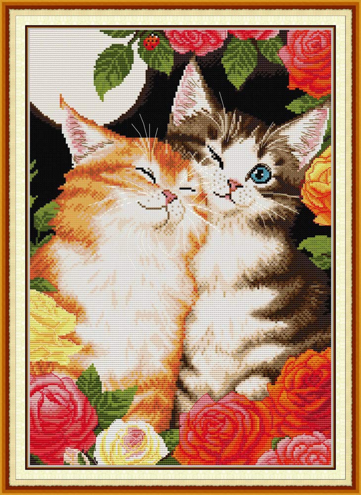 Maydear Stamped Cross Stitch Kits, Needlepoint Embroidery Kits for Beginner Kids or Adults, 14CT 2 Strands DIY Easy Counted Cross Stitch Kit - Sweet Kitty 13.78×18.90 inch