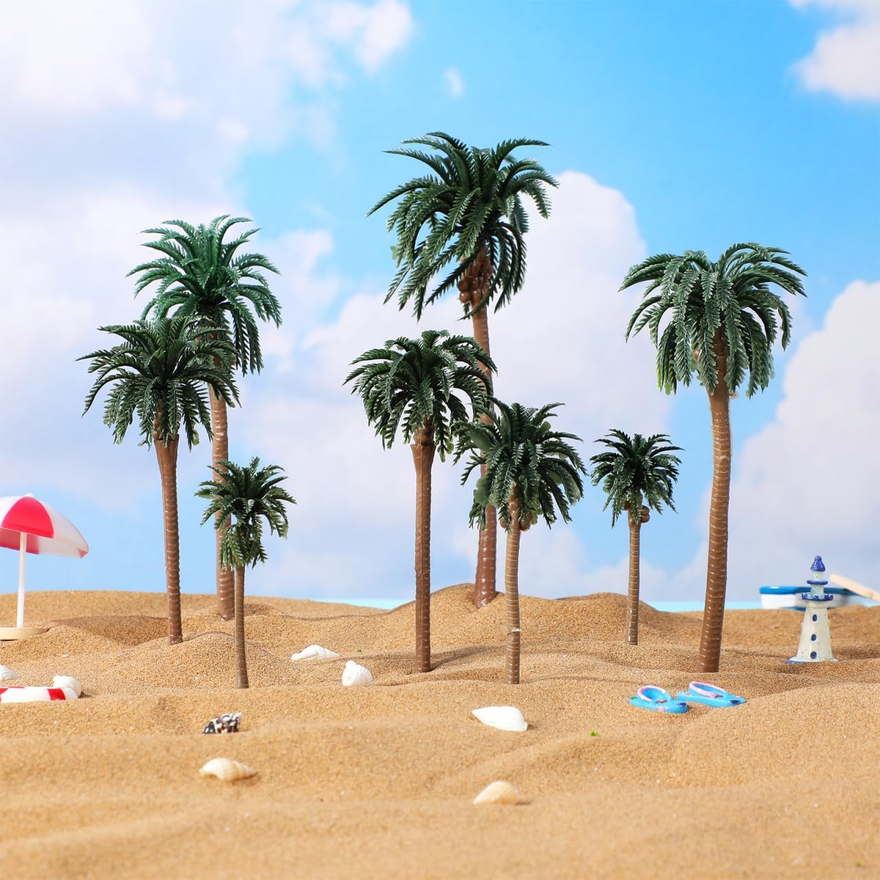 NUOLUX Model Tree Coconut Palm Trees Scenery Model Miniature Railroad Diorama Layout Architecture Trees for DIY Scenery Landscape, Natural Green 5 Size 15Pcs