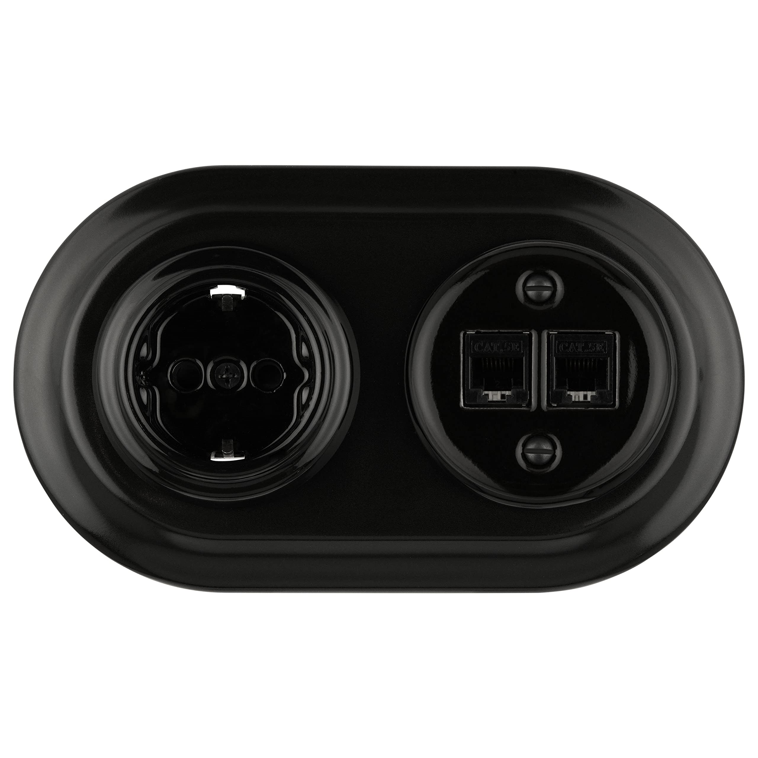 Unterputz Porzellan Retro Steckdose, Netzwerkdose CAT.5E, 2-fach, All-in-One, Serie PR1 schwarz