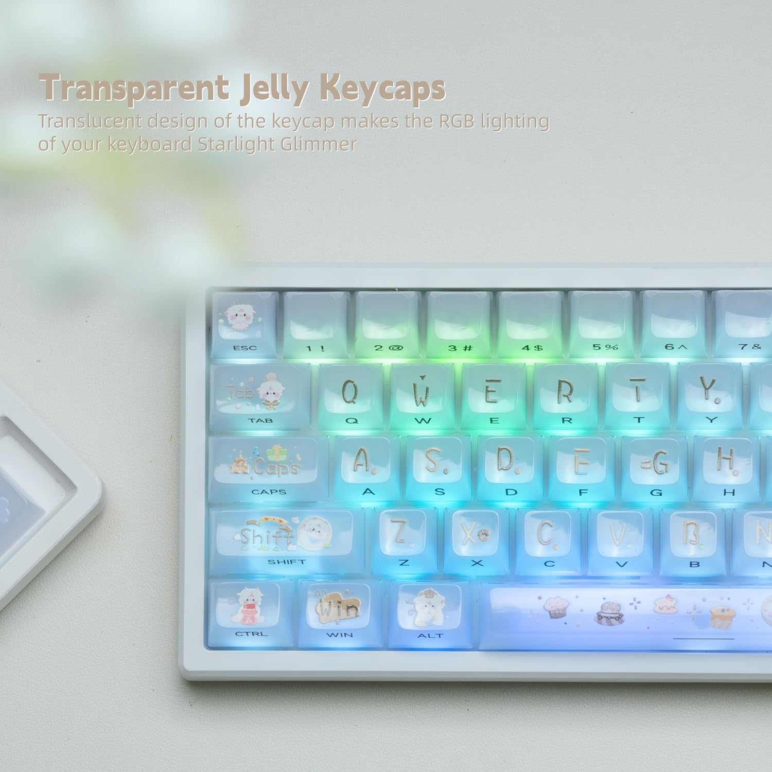Womier Keyboard Keycaps Jelly, White Ceramic Keycaps Style, Cake Sheep Key Cap Transparent Side Printing Custom 60 65 75 100 Percent for Cherry MX,Gateron Mechanical Keyboards,MDA Profile