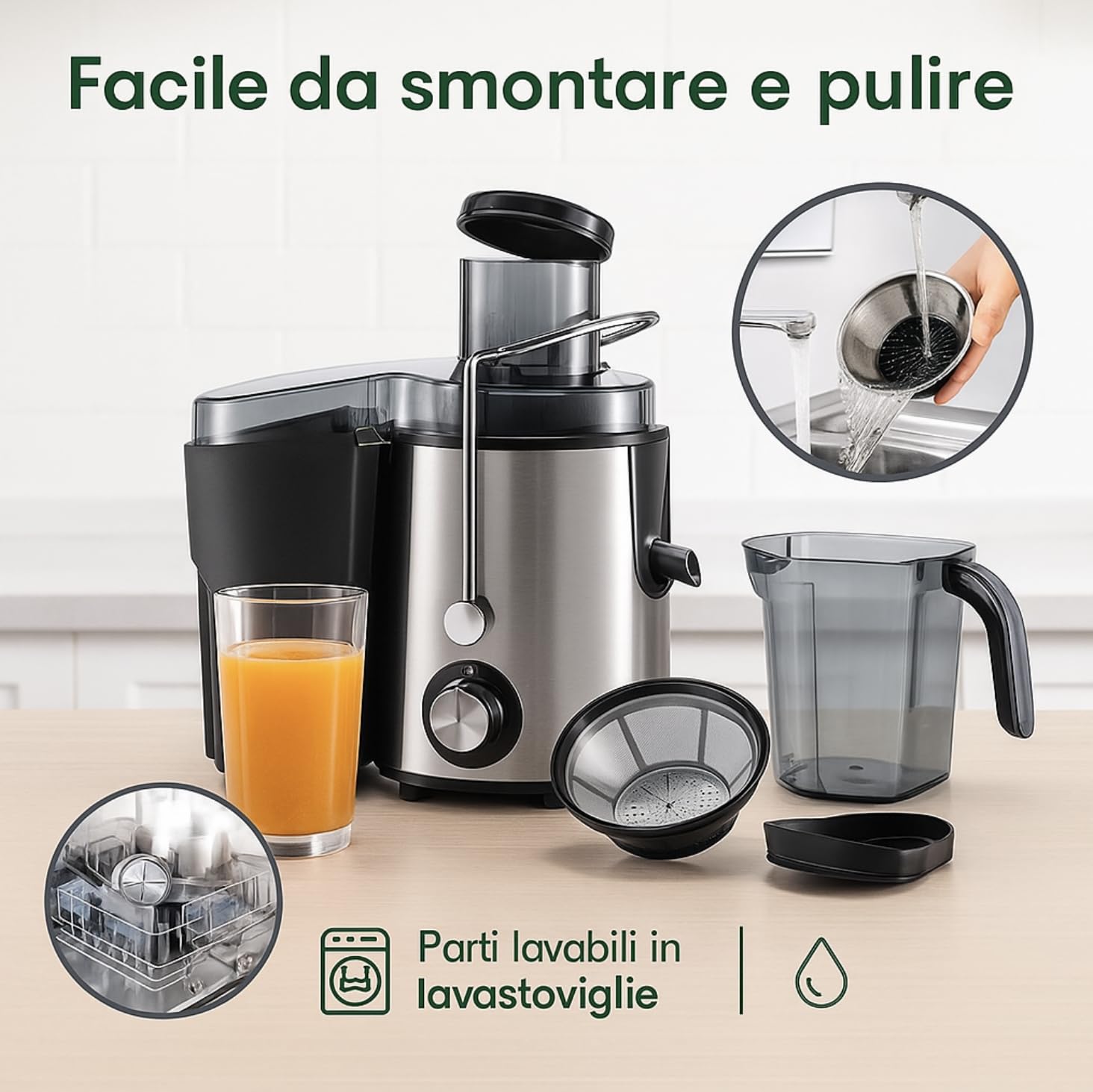 Centrifuga Frutta e Verdura 700W 1,5L – Estrattore Succo con 2 Velocità, Filtro in Acciaio Inox, Bocca Larga 65mm, Separatore di Schiuma, Facile da Pulire, Juicer Compatto da Cucina
