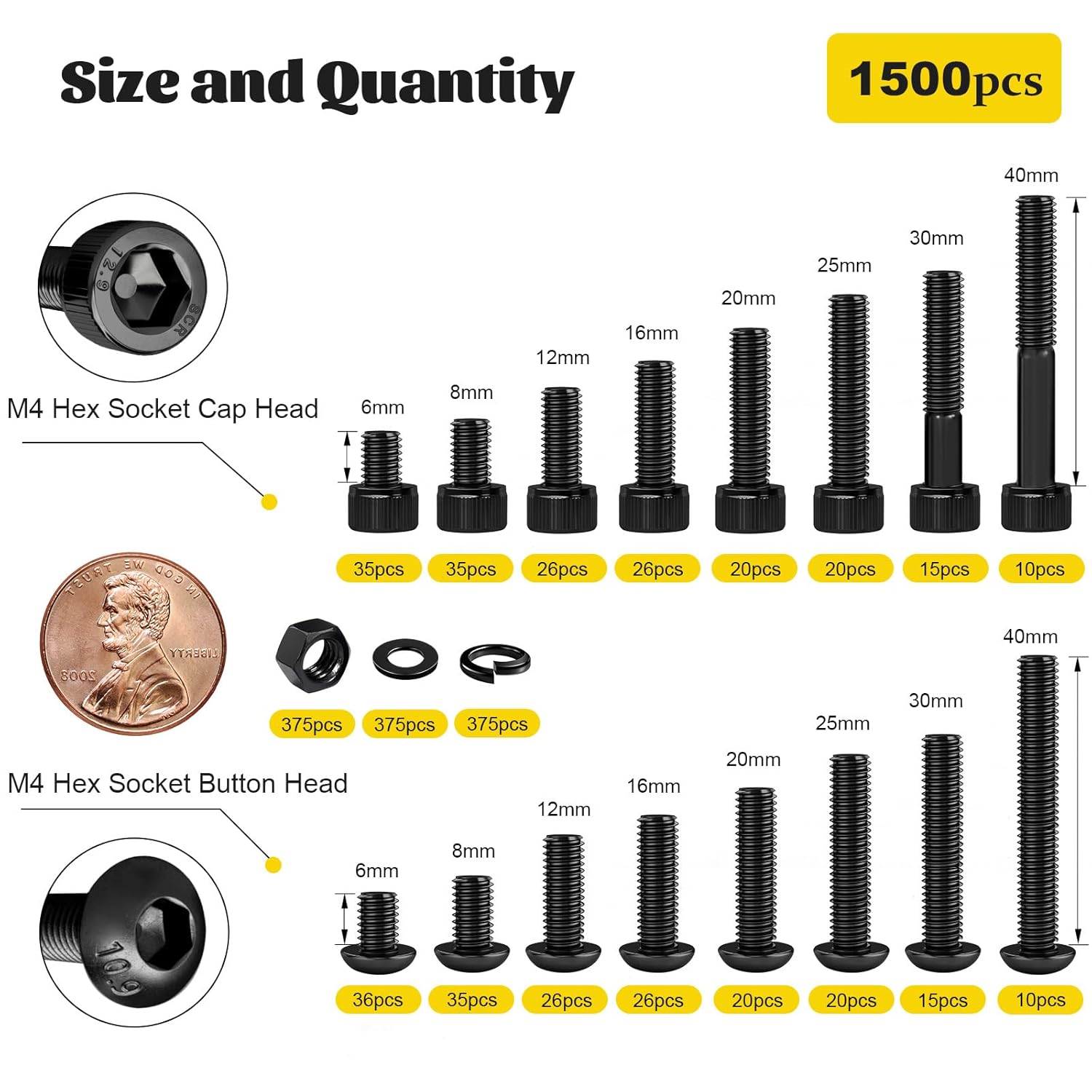 1500PCS M4 Hex Socket Button & Cap Head Bolts Assortment Kit and 288PCS M6 M8 M10 Flange Head Bolts Assortment Kit with Nuts, Washers, Black Zinc Galvanized