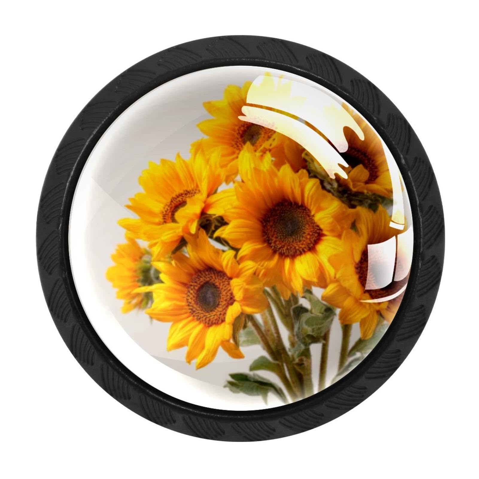 CHENZZZZ 4 Pieces Black Cabinet Pull Handle with Screws,Yellow Sunflower Bouquets (2) Kitchen Knobs, Hardware for Cupboard Drawer Dresser
