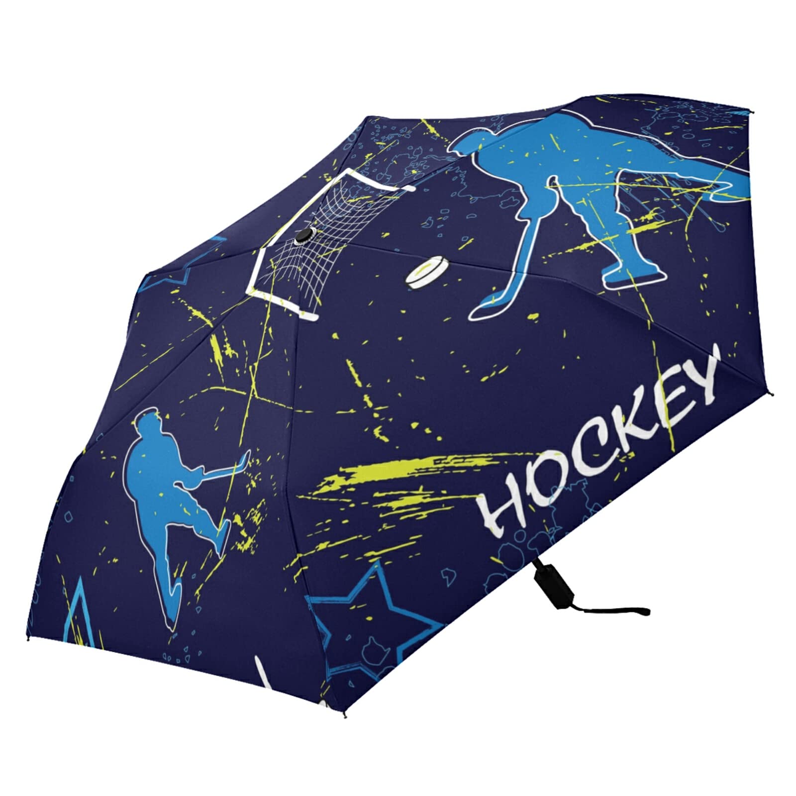 Oyihfvs Blue Silhouette Hockey Players Playing Ice Hockey on Black Parasol Folding Umbrella, Reinforced Windproof Waterproof, Portable Compact Anti-UV Sun Rain Protection for Travel Outdoor