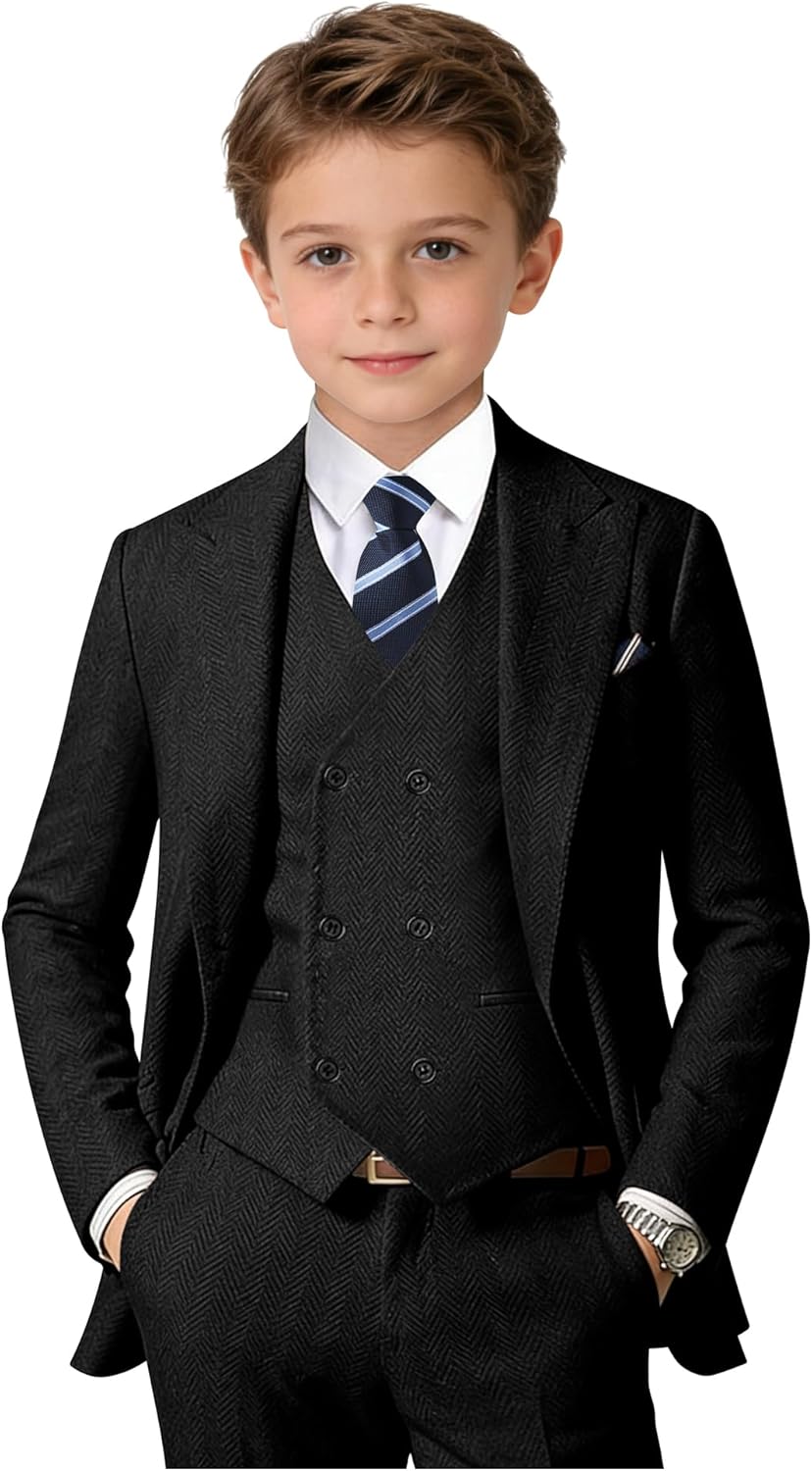 Boys Suit Tweed Herringbone 5 Piece Wedding Suits for Teen Boy Kids Tuxedo Suit Double Breasted Suits with Shirt Tie