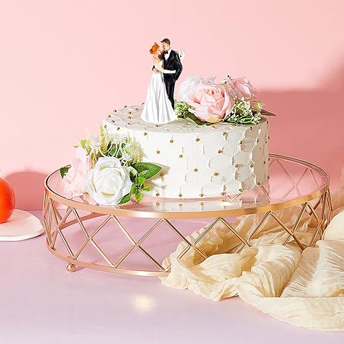 Miniatura 4 de Nuanchu Soporte redondo de metal geométrico de 14 pulgadas para tartas de boda, soporte metálico brillante para tartas con parte superior de vidrio