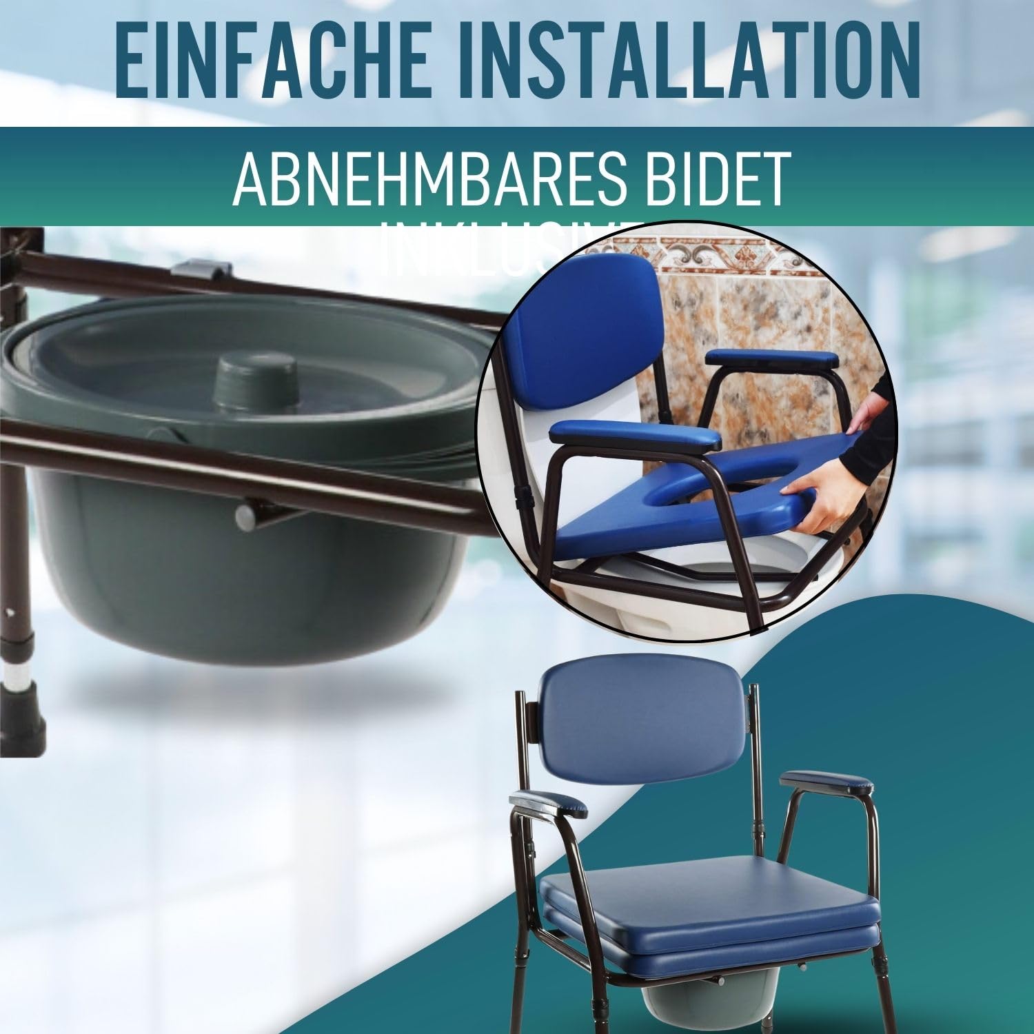 OrtoPrime WC-Stuhl, gepolstert, tragbar, verstellbar, tragbar, mit Bidet zum Anklippen, Badezimmerstuhl für ältere Menschen, Geriatrischer Badezimmerstuhl, komfortabel und strapazierfähig