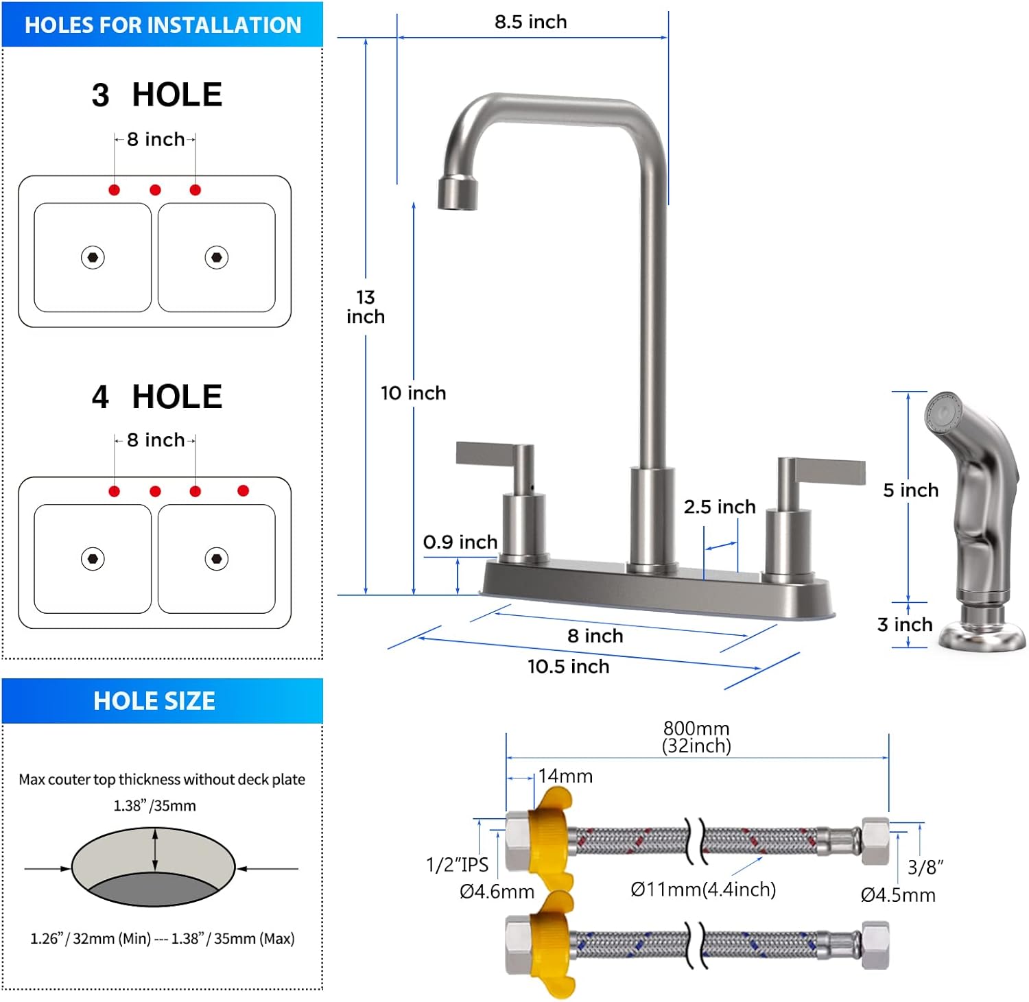 Kitchen Faucet with Sprayer,Brushed Nickel Kitchen Sink Faucet,3 Hole or 4 Hole Faucet for Kitchen Sink,Stainless Steel 2 Handle Kitchen Faucet with Side Sprayer,4 Hole Kitchen Faucets - Image 5