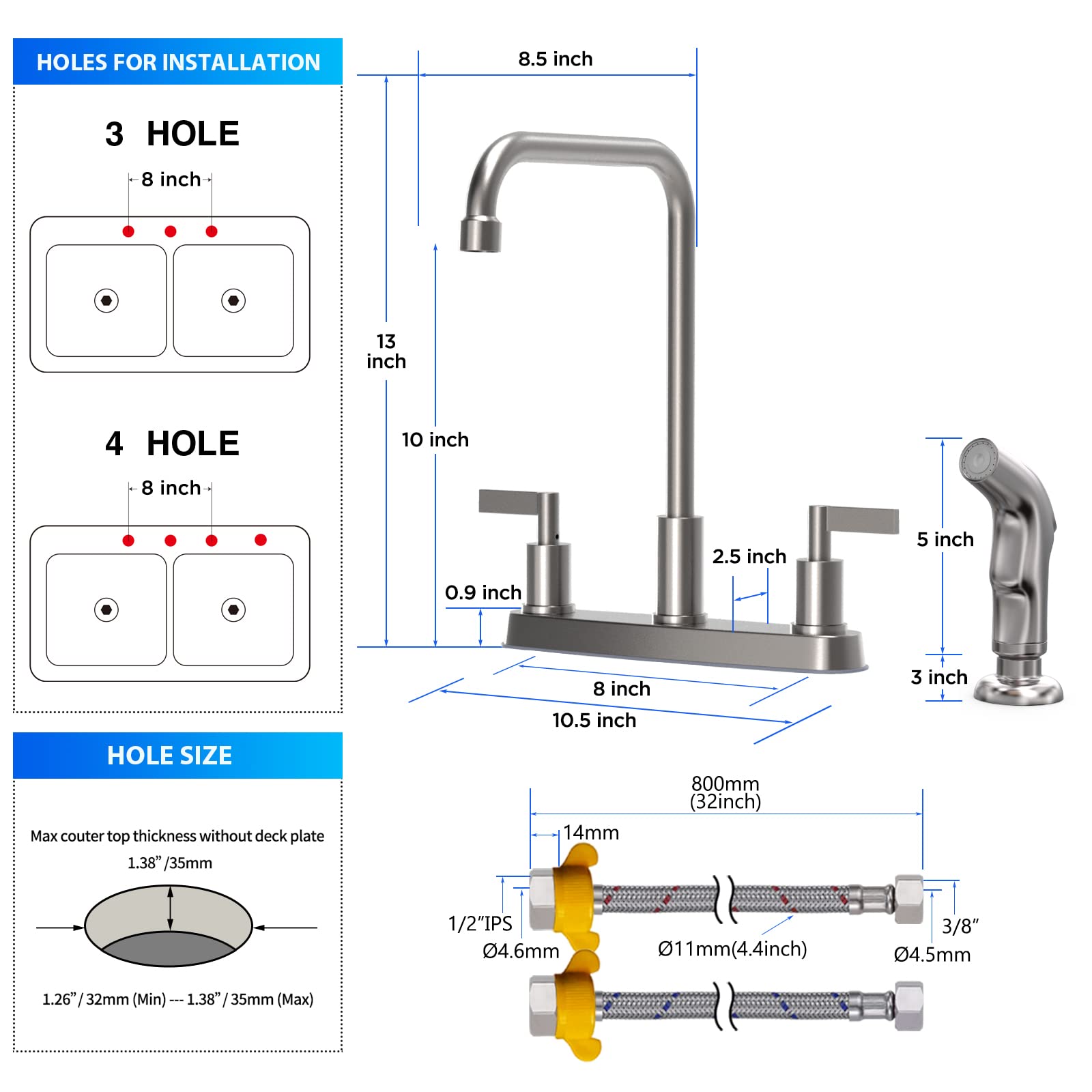 GOWIN Küchenarmatur Mit Sprüher – Gebürstetes Nickel, 2 Griffe | Für 3- Oder 4-Loch-Spüle | 360° Schwenkbar, Ausziehbarer Seitensprüher