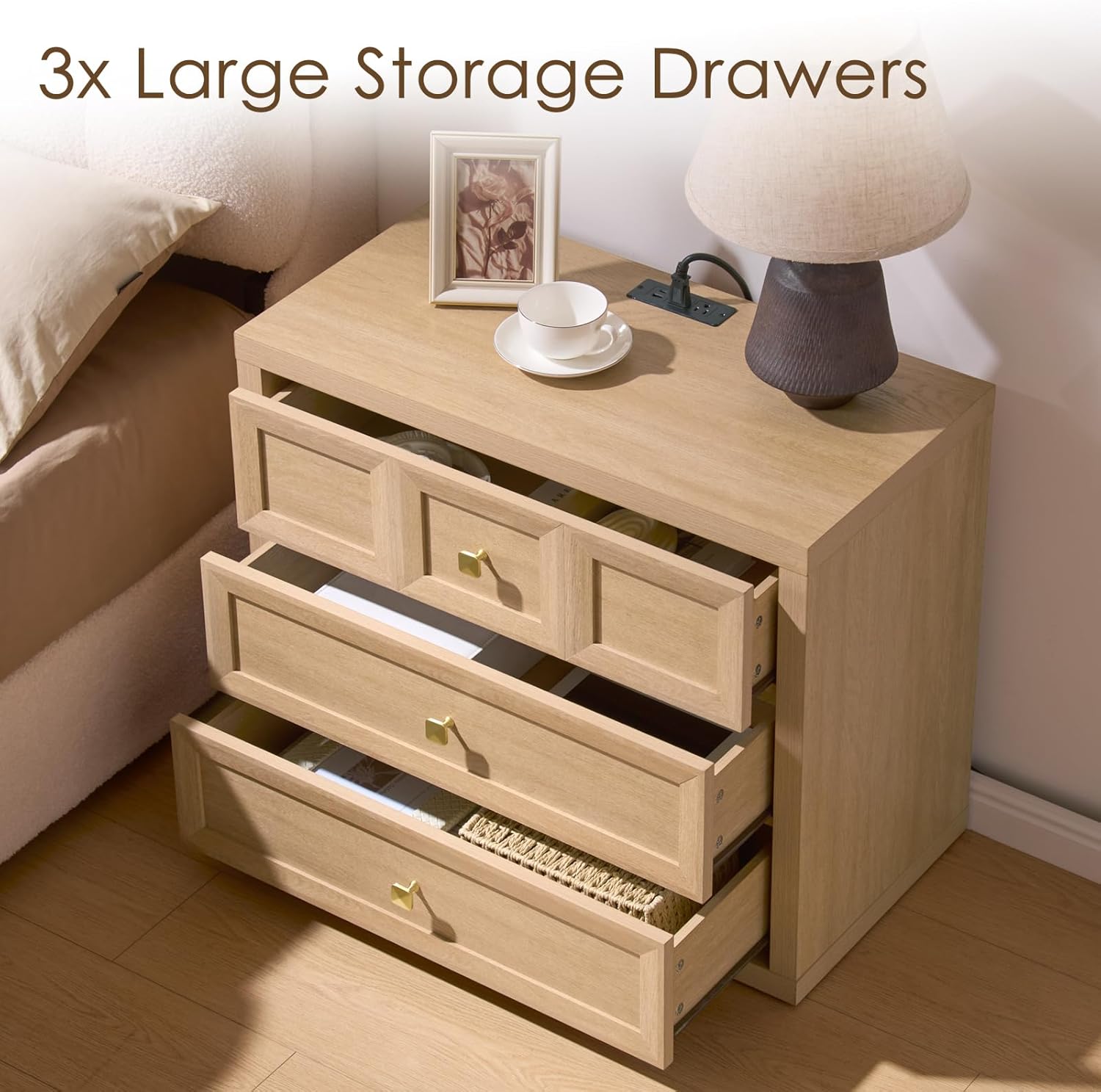 3 Drawers Nightstand W/Charging Station, 30.7" W King Size Bedside Table with 3 Drawers, Accent End Table W/Large Storage, Modern Wood Side Table for Bedroom,Office (1 Piece, Natural)