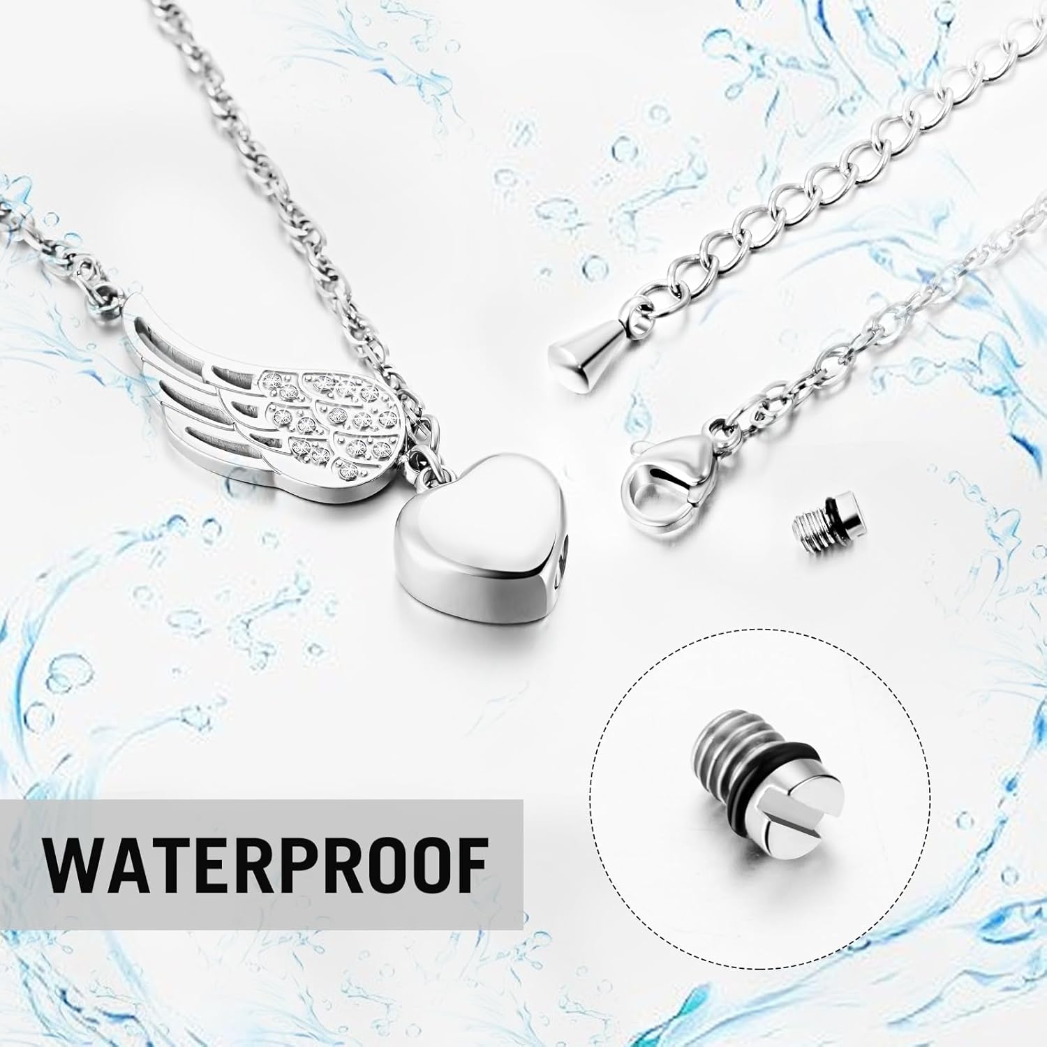 XIUDA Heart Urn Necklace for Ashes with Angel Wing Crystal Cremation Jewelry for Ashes Stainless Steel Memorial Ash Necklace for Women Ash Holder - Image 5