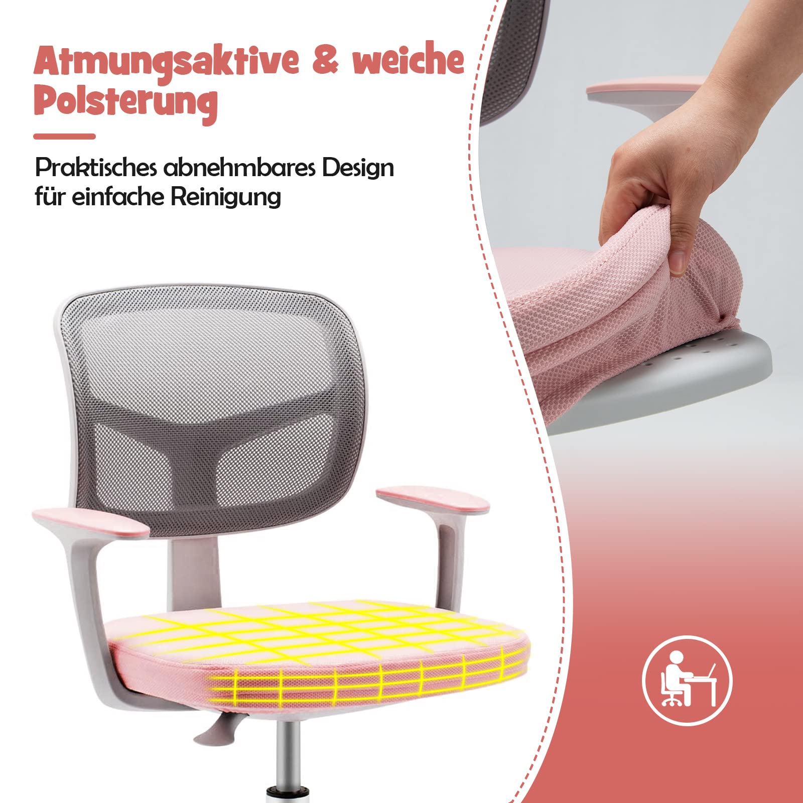 DREAMADE Kinder Schreibtischstuhl höhenverstellbar, ergonomischer Jugenddrehstuhl mit Rückenlehne & Armlehnen, Kinder Drehstuhl mit 5 Rollen, für Kinder 3-10 Jahre alt, bis 150kg belastbar (Rosa)