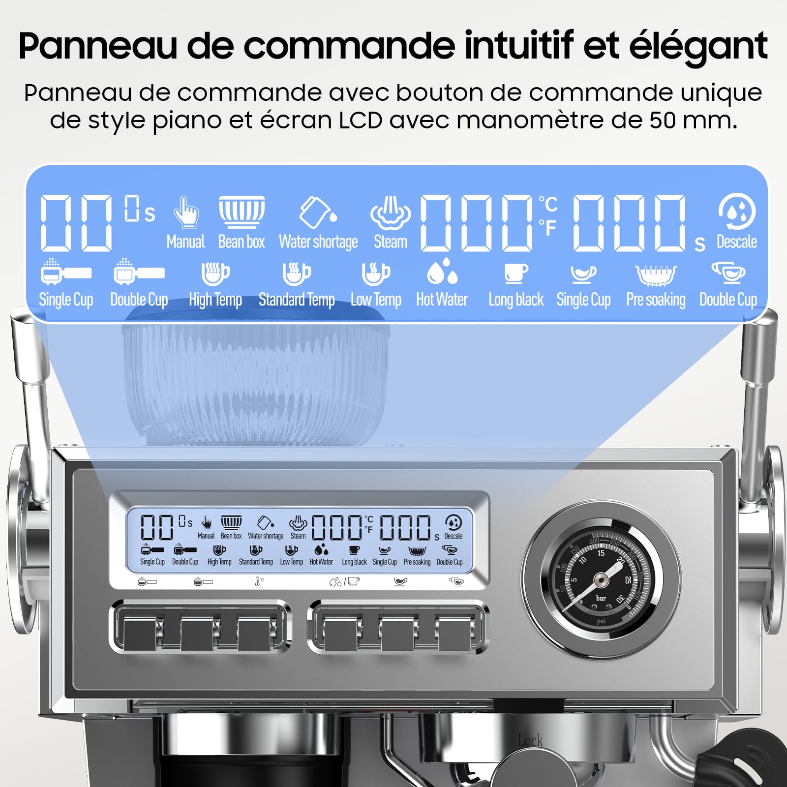 iceagle Machine expresso avec Pompe Italienne de 20 bar, Cafetière a Grain avec Broyeur, Machine à Café avec Mousseur à Lait, Kit Barista, 3 Températures, 25 Niveaux de Mouture, 1,6 litre, Acier Inox