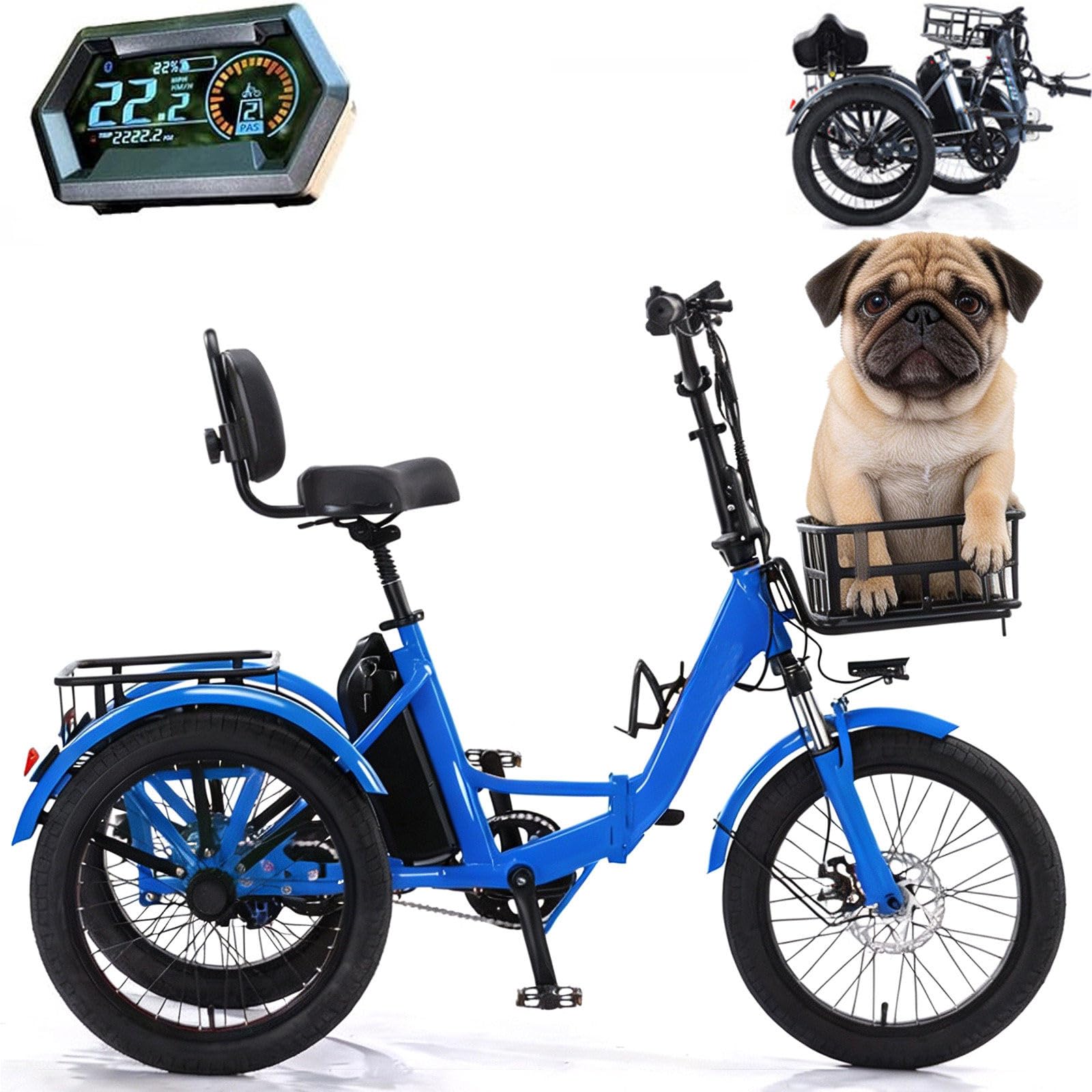 Bici Elettrica A 3 Ruote Elettrica per Adulti Tre Ruote Elettrica con Cestino Portaoggetti Larghi, Facile da Scalare capacità di Carico 20Inch-Blue