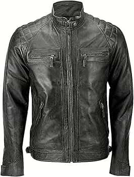 Mens Distressed Quilted Biker Black Real Leather Jacket (X