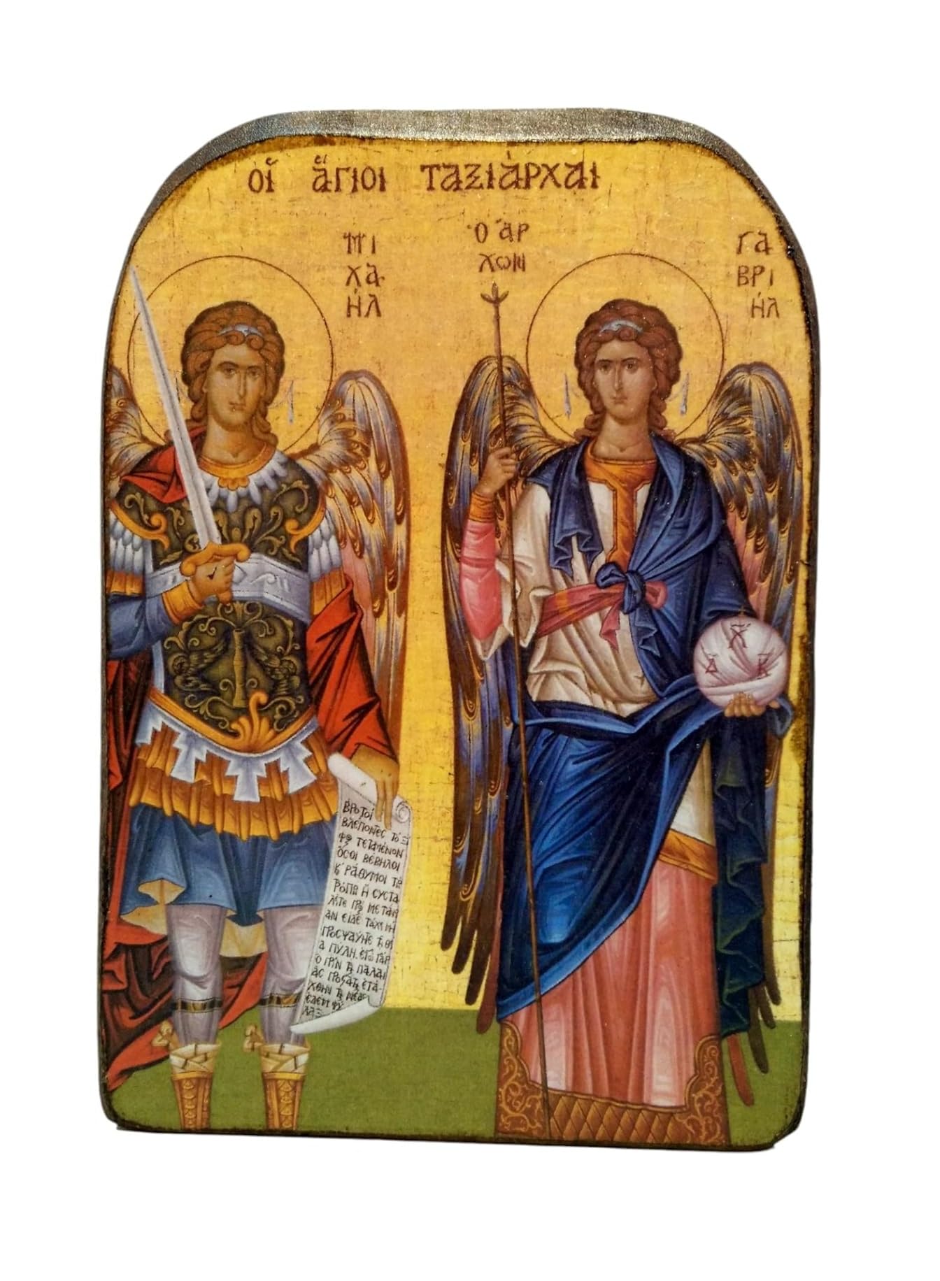 Handmade Wooden Greek Christian Orthodox Mount Athos Icon of Archangels Michael and Gabriel /Mp2 Brown