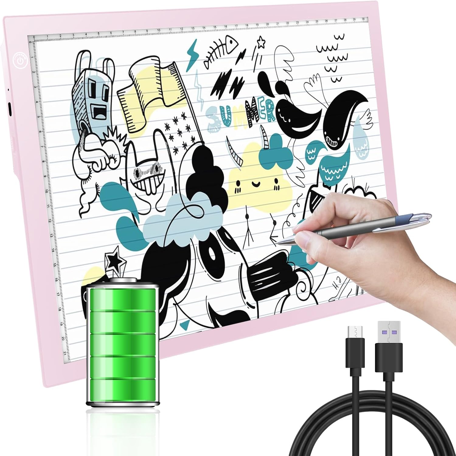 KIVOTAC A4 Rechargeable Light Pad, Portable LED Light up Box Ultra-Thin Brightness Dimmable Battery Powered Bright Copy Board for Weeding Vinyl, Sketching,Drawing,Tracing and Diamond Art