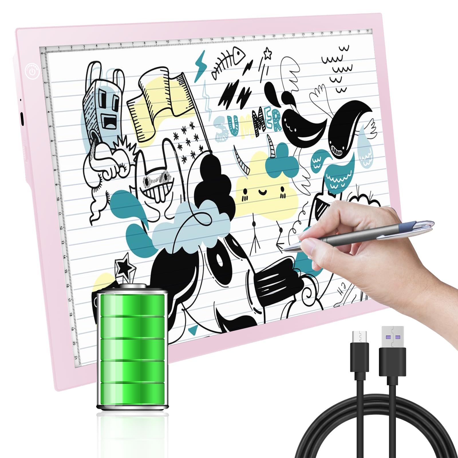 KIVOTAC Bloc lumineux rechargeable A4, boîte lumineuse LED portable ultra fine à intensité variable alimentée par piles pour le désherbage du vinyle, les croquis, le dessin, le traçage et l'art
