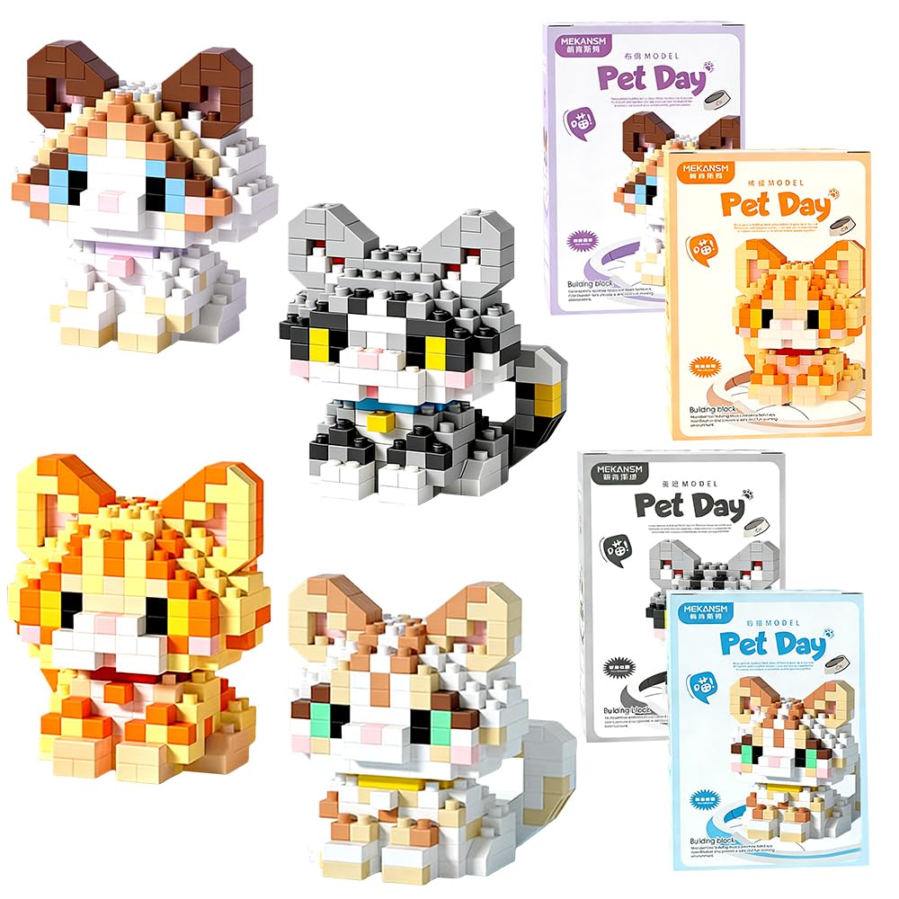 Cats Building Block Set, 4 PCS Mini Animal Construction Kit, Creativity Cats Brick, Animal Model Kit, Home Decor Ornament for Age 8 9 10 + Teens and Adults