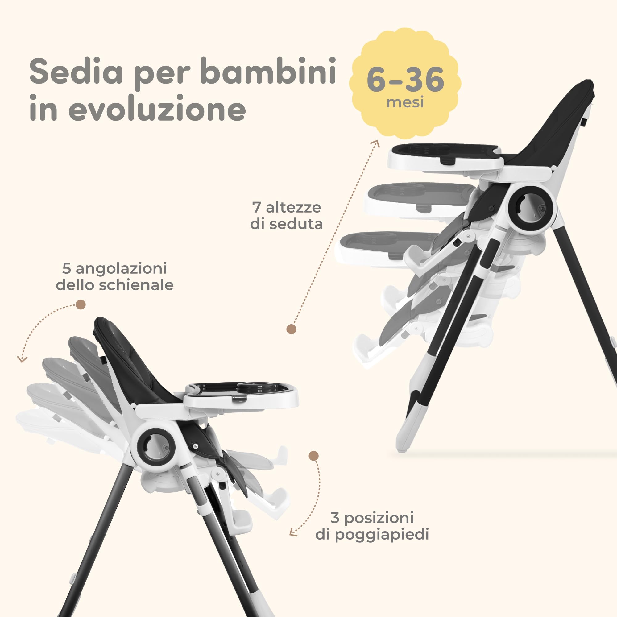 Seggiolone Pappa Regolabile e Pieghevole - 7 Livelli Diverse, Schienale Bambino Pieghevole 5 Posizioni, Ripiano Smontabile, Vassoio a Clip (Facile da Pulire) - Nero