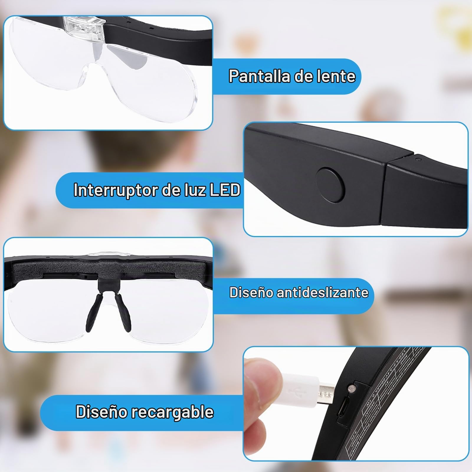 Gafas Lupa con Luz LED, 300% de Aumento, USB Recargable LED con luz de Lupa, 1.0X, 1.5X, 2.0X, 2.5X, 3.5X Manos Libres Lupa Gafas de Cabeza para el Trabajo de Cerca, aficiones, Lectura, artesanía,4 le