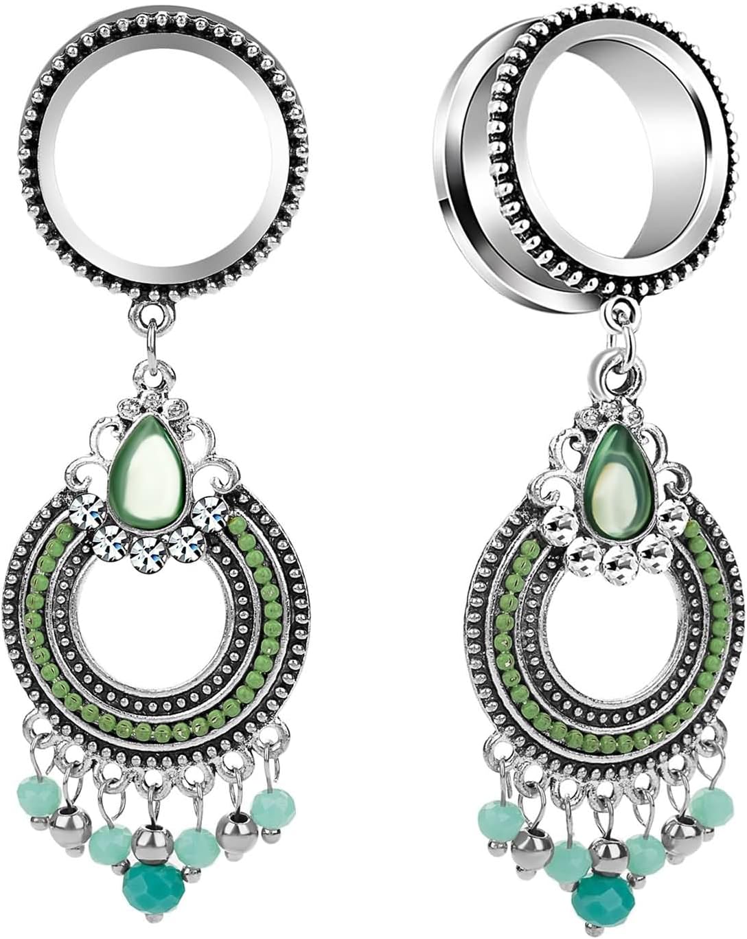 Daesar 2PCS Ear Tunnels, Dangle Ear Gauges 00G 10mm Ethnic Circle Stainless Steel Tunnels Body Piercings Jewelry