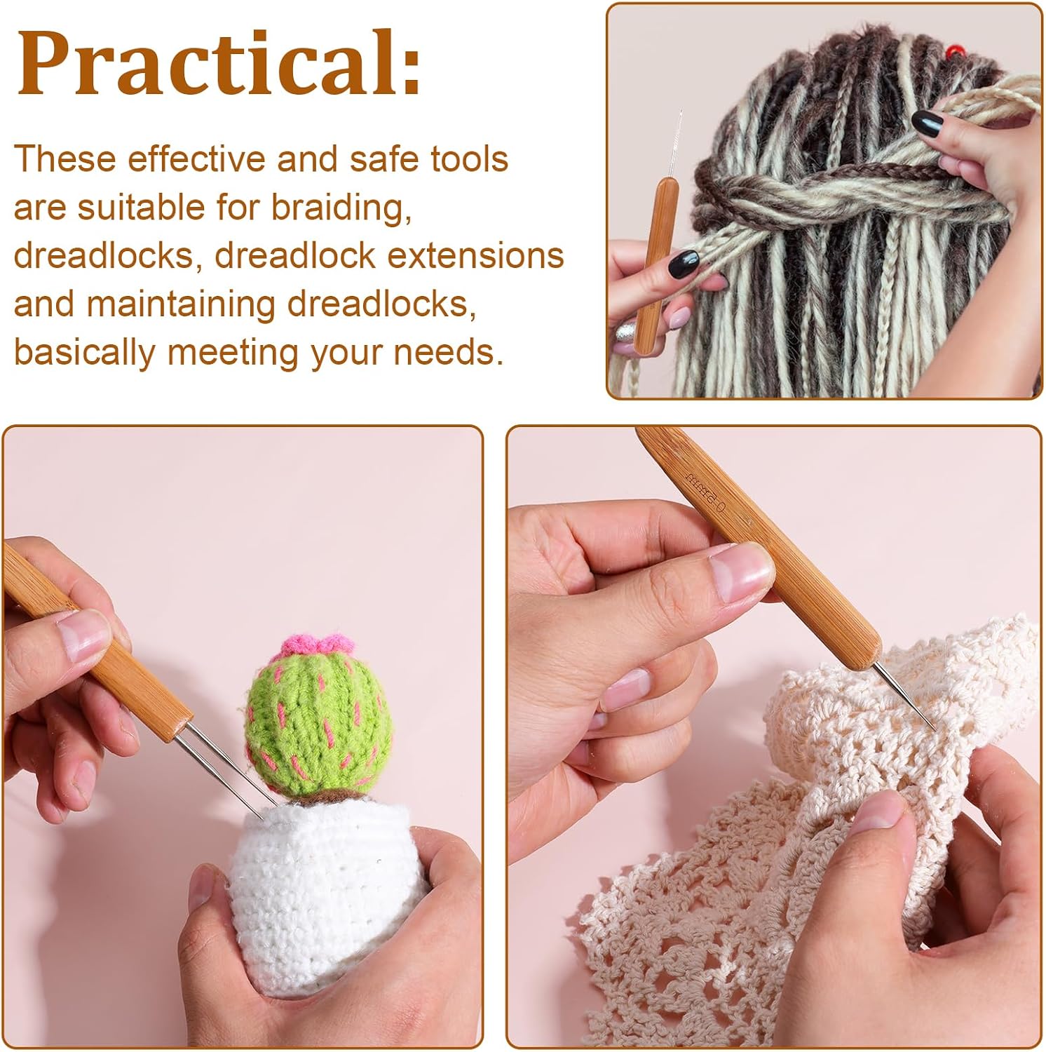 3 Pcs Dreadlocks Crochet Hooks for Hair, 0.5 mm Hair Crochet Hook Dreadlocks Crochets Needle Multifunctional Locking Tool for Dreads, Interlocking Tool for Locs Braid Craft
