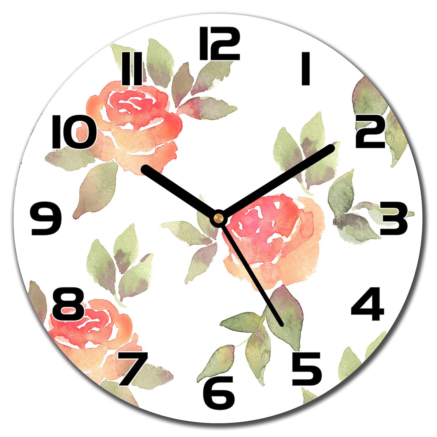 Horloge en verre 30 cm fleurs de roses vintage Coloray à aiguilles noires