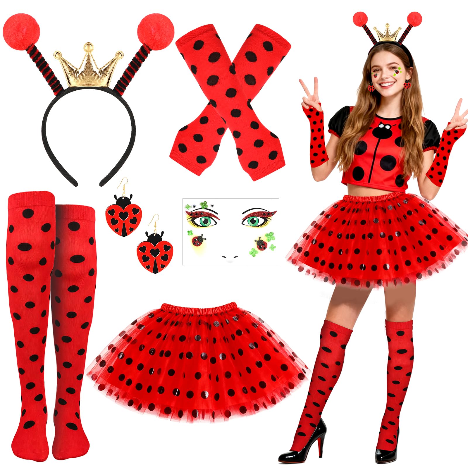 6 Piezas Disfraz Mariquita Mujer, Disfraz Ladybug Adulto, Tutu Mujer Rojo y Negro para la Fiesta de Halloween Animal Carnaval Cosplay