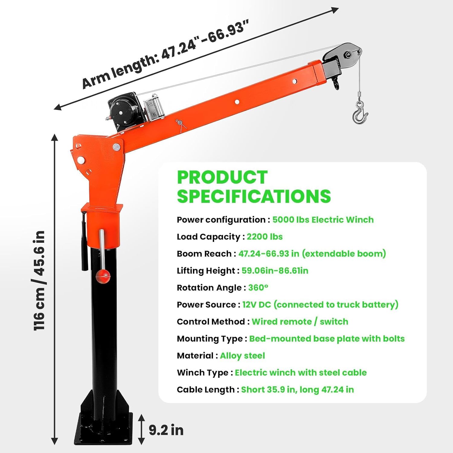 2200LBS Folding Truck Crane with 5000LBS Electric Winch, 360° Swivel Lift, Adjustable Boom, High Stability Truck Bed Crane for Construction and Workshop