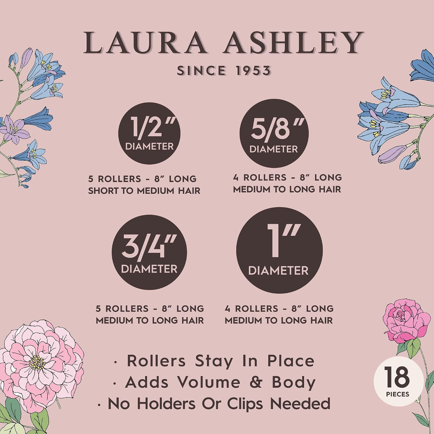 Laura Ashley Flexi Rods Foam Hair Rollers 18 pcs 1/2", 5/8", 3/4", 1" Professional Salon Quality Rubber Hair Rollers for Long, Medium and Short Hair Assorted Colors