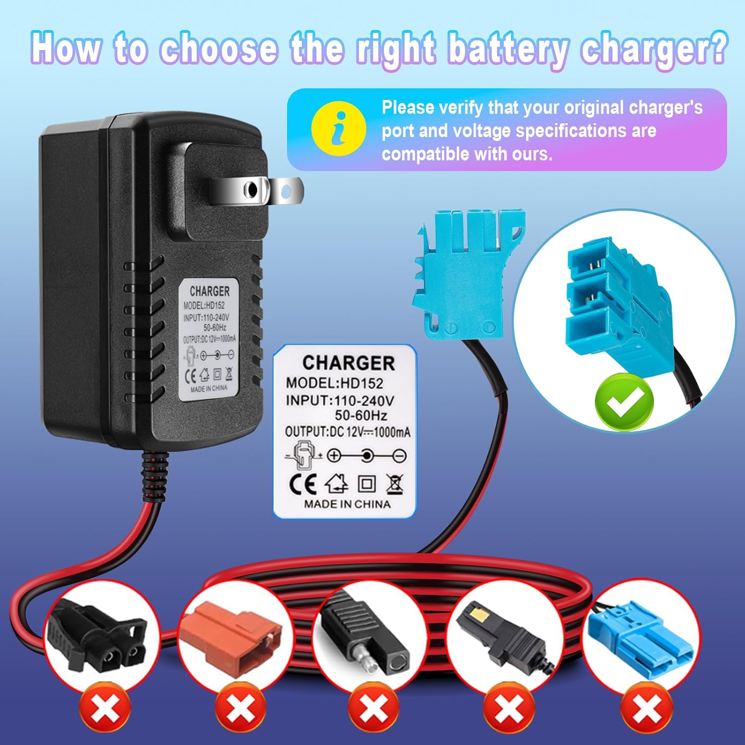 12V Battery Charger for Peg-Perego Johns Deere Ground Force Tractor Gators XUV Polaris Outlaw Citrus RZR 900 Powered 12 Volt Charger for Kids Ride On Electric Car Toys