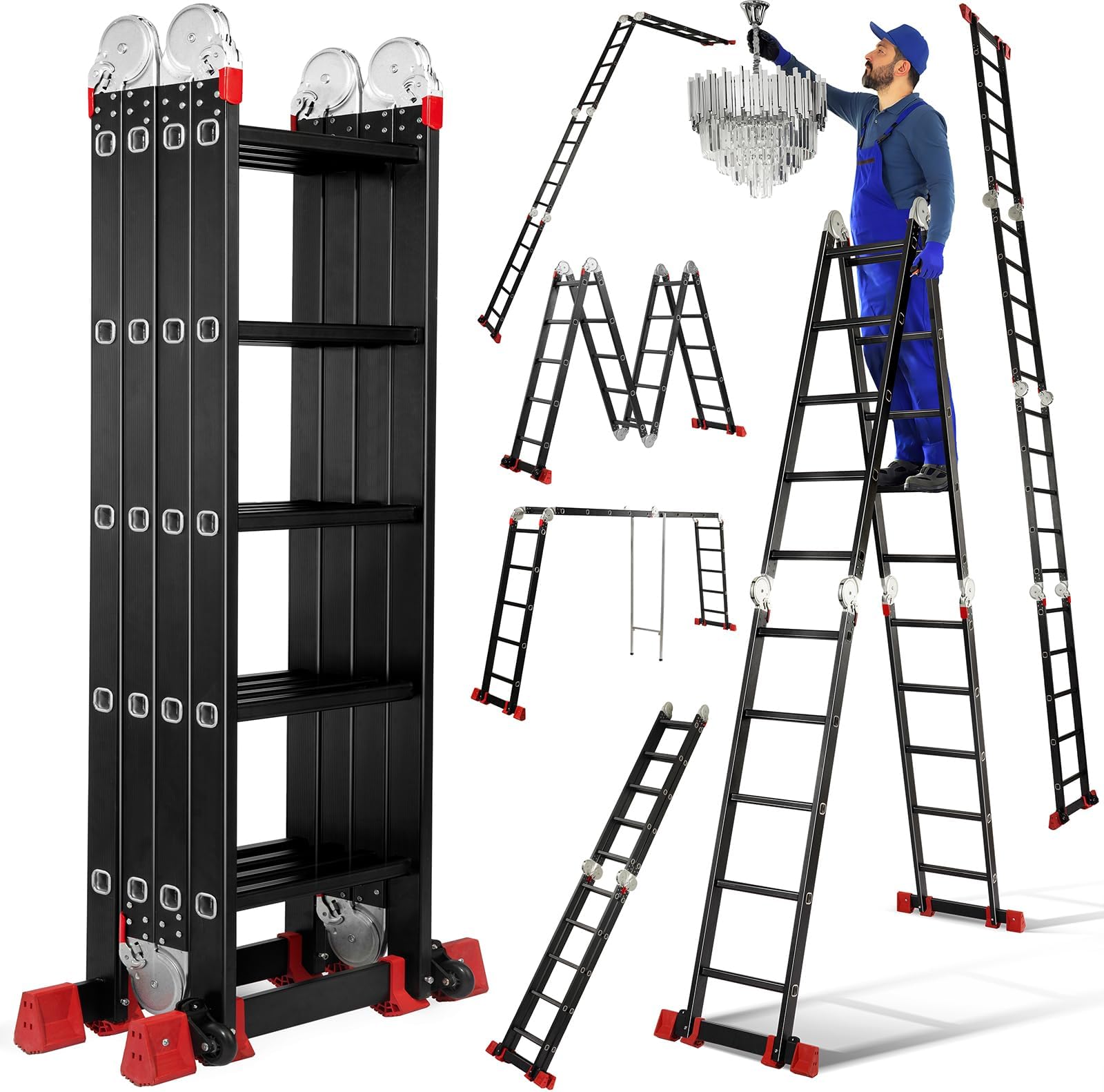 7 in 1 Folding Ladder, Multi-Purpose Extension Aluminium Step Stools, 19.4 FT Heavy Duty Ladder with Non-Slip Wide Pedal and Safety Locking, 500lbs Capacity Sturdy Ladder for Home and Outdoor Work