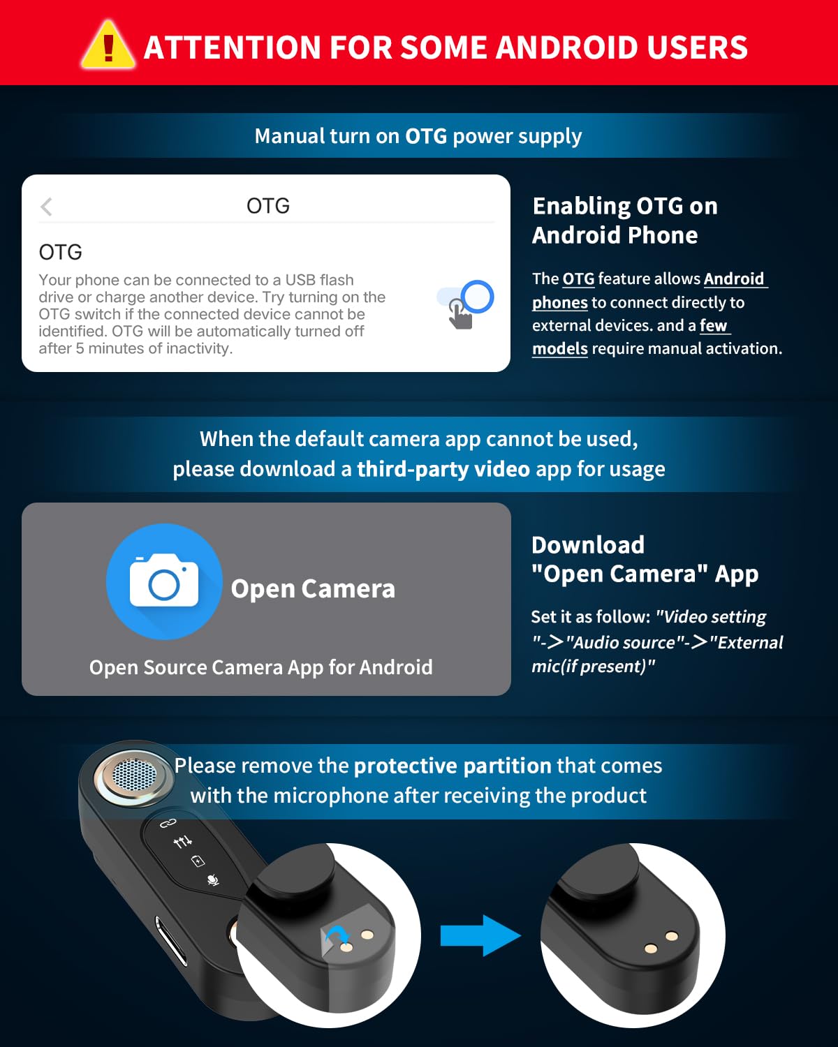 Diagram showing removal of protective partition and Android OTG settings.