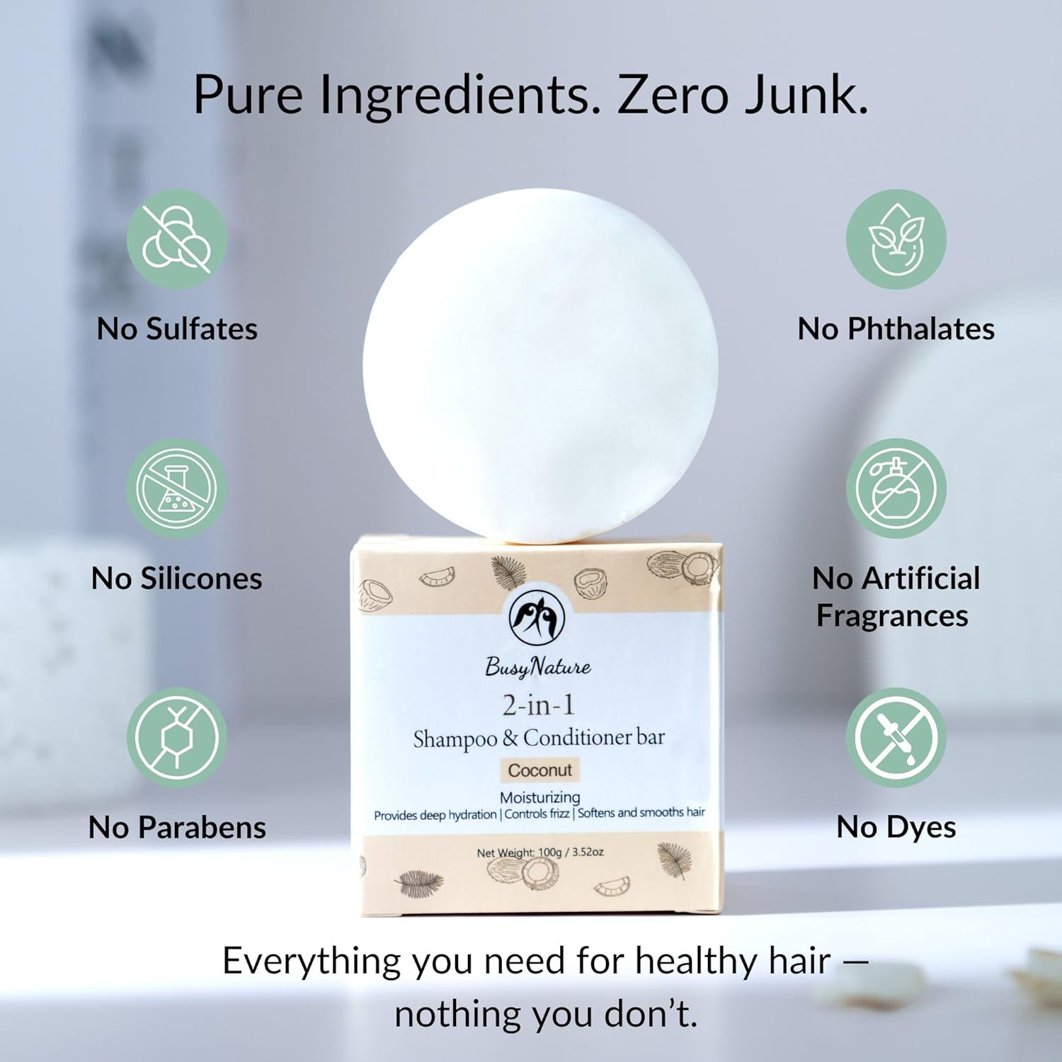 Coconut 2-in-1 Shampoo and Conditioner Bar, Moisturizing & Frizz Control, Deep Hydration, Sulfate-Free, Vegan, 1 Bar (100 g)