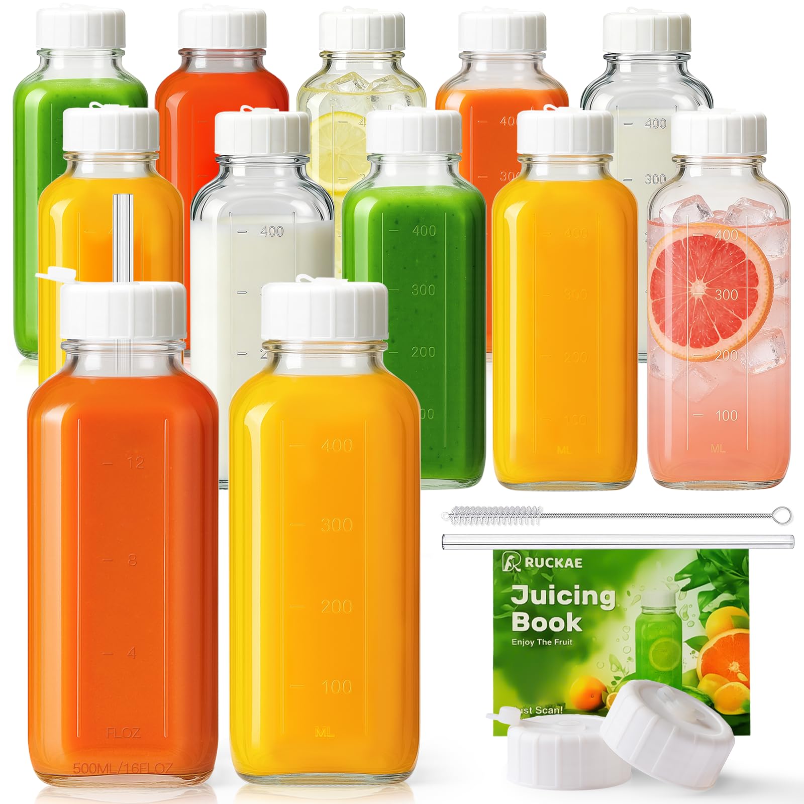Ruckae 16oz 12 Pack Glass Juice Bottles with Hole Lids - Reusable Square Glass Juice Bottles with Leak-Proof Lid &amp; Capacity Marks for Containers Juicing,Milk,Smoothies