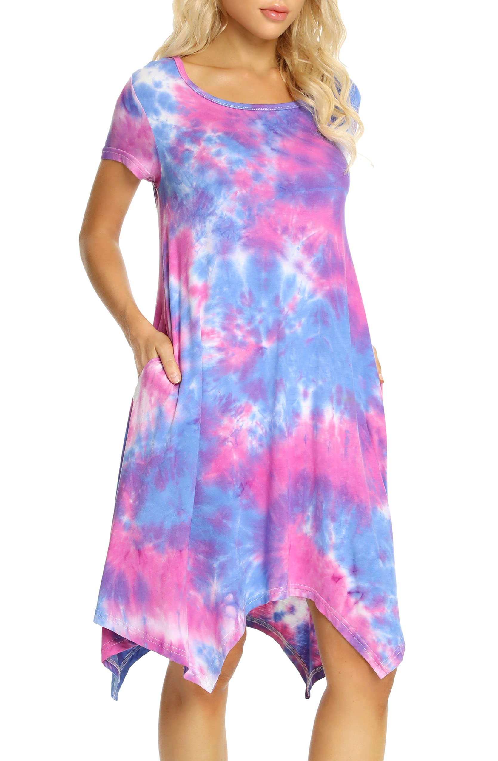 Women Casual Loose Soft Crewneck Short Sleeve Pockets Swing T-Shirt Dress
