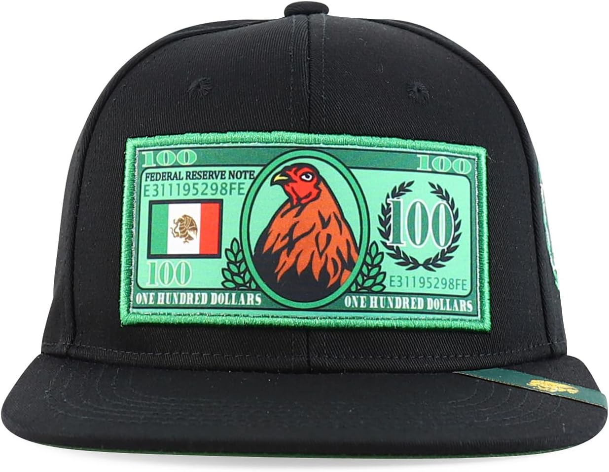 Trendy Apparel Shop 100 Dollar Bill with Rooster Patch Flatbill Snapback Cap - Image 2