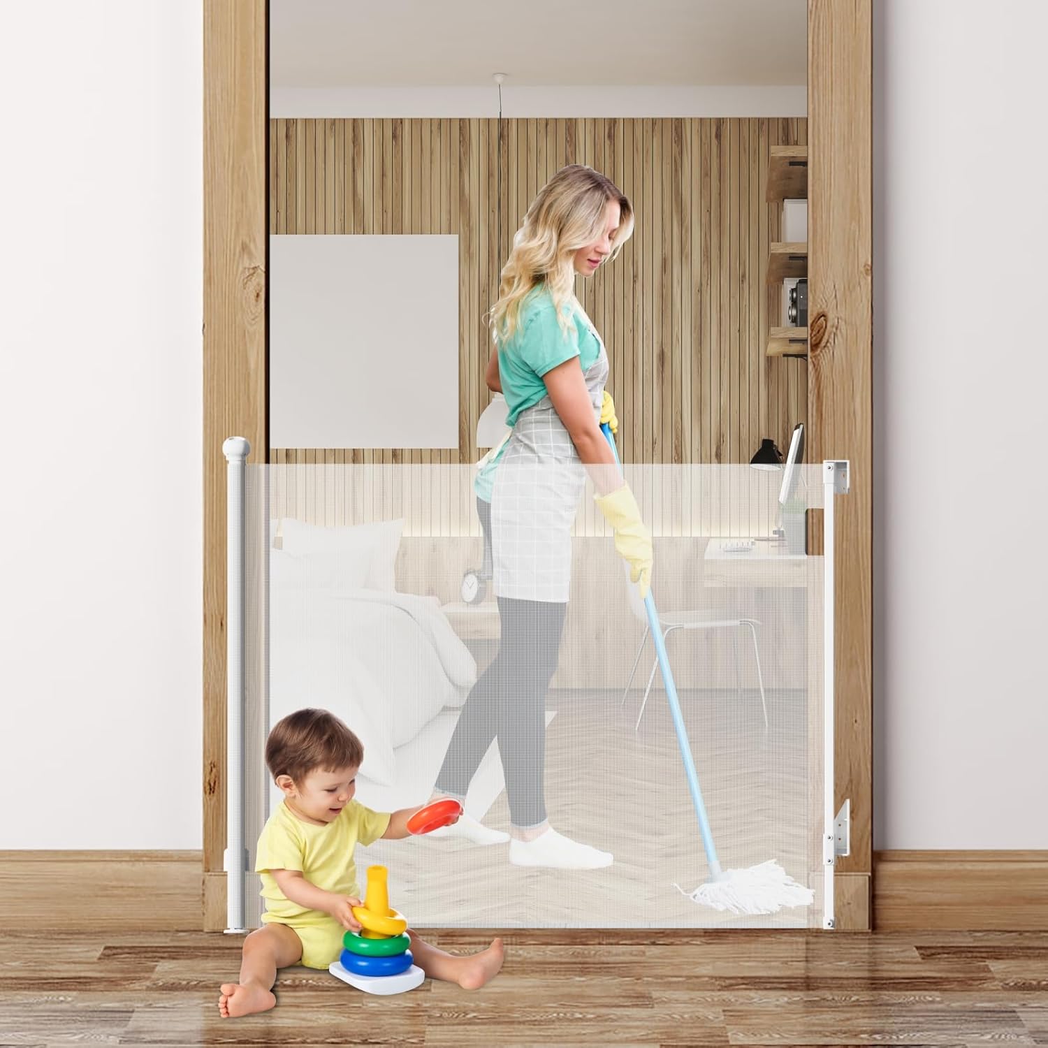 Retractable Baby Gate,Mesh Baby Gate or Mesh Dog Gate,55 inches Wide Safe Sturdy Easy to Fit Child Dog Gates for Doorways, Stairs, Hallways, Pool,Indoor&Outdoor, White 55″x38″