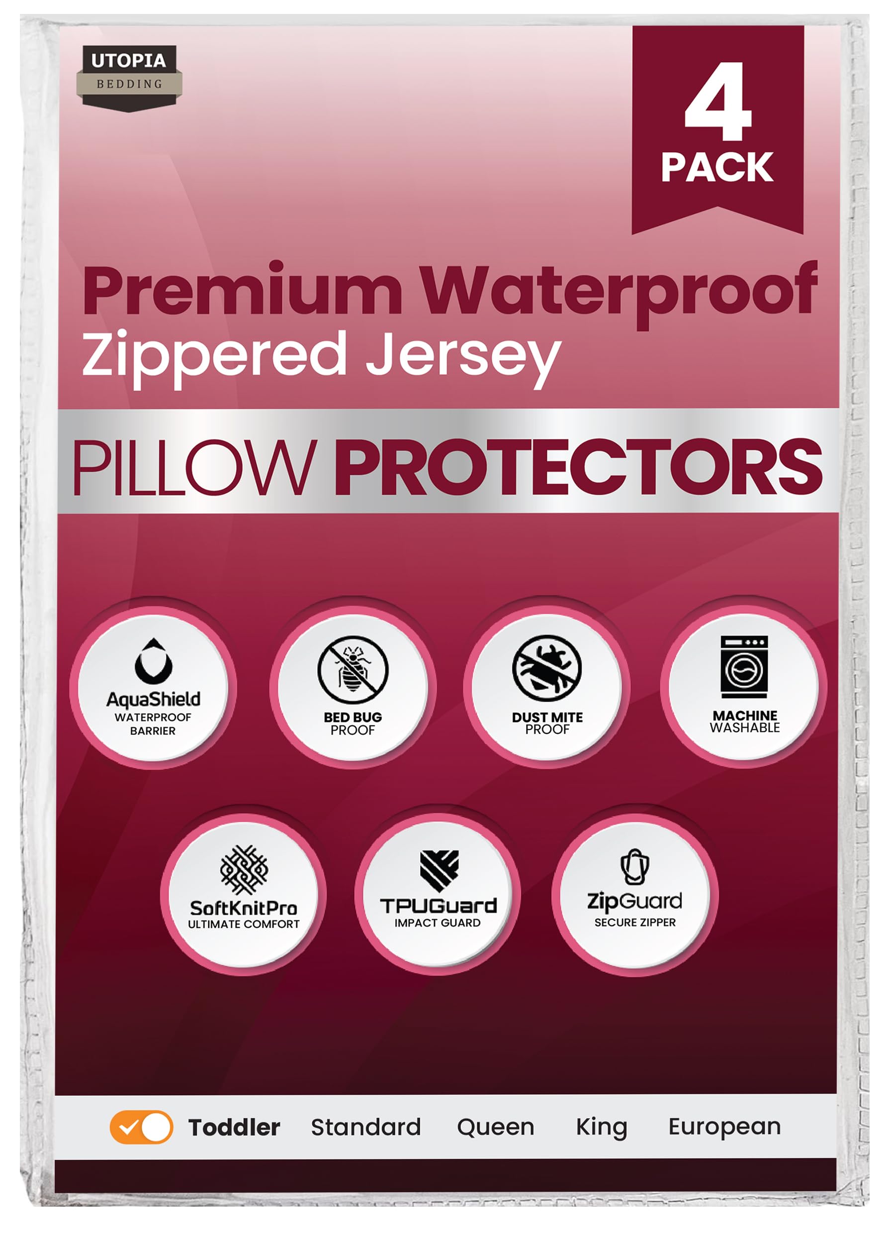 Utopia Bedding Set of 4 Waterproof Pillow Protectors with Toddler Size (White), Ultra Soft Pillow Covers, Bed Bug and Dust Mite Proof Pillow Encasements, Moisture Wicking Pillow Cases