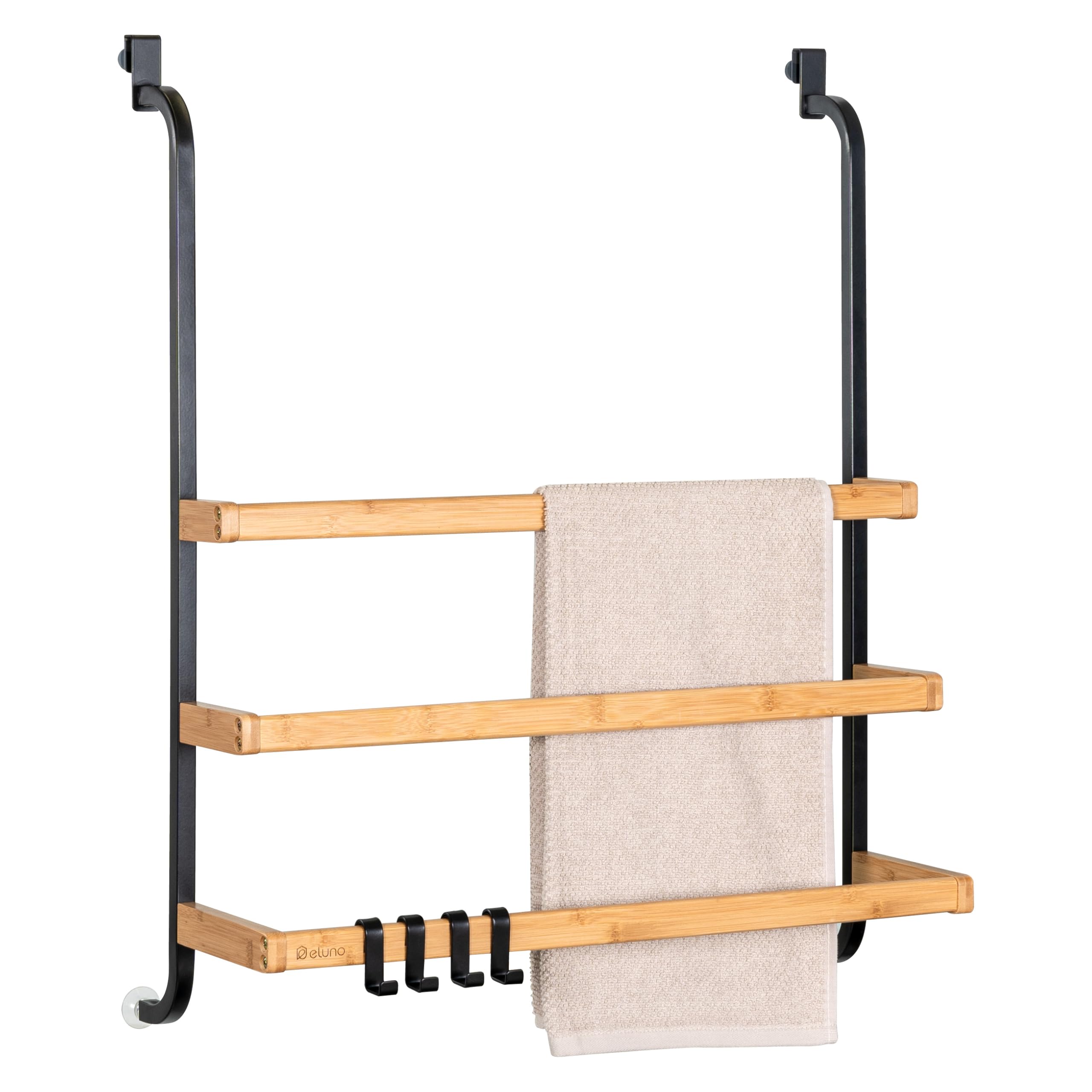 eluno Towel Rail for Glass Shower Screen Metal and Bamboo, Towel Rail with 3 Towel Rails, 4 Practical Hooks, for Hanging No Drilling (Black)